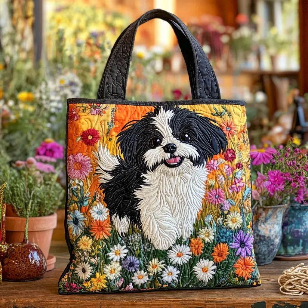 Shih Tzu and Flowers Quilted Tote Bag