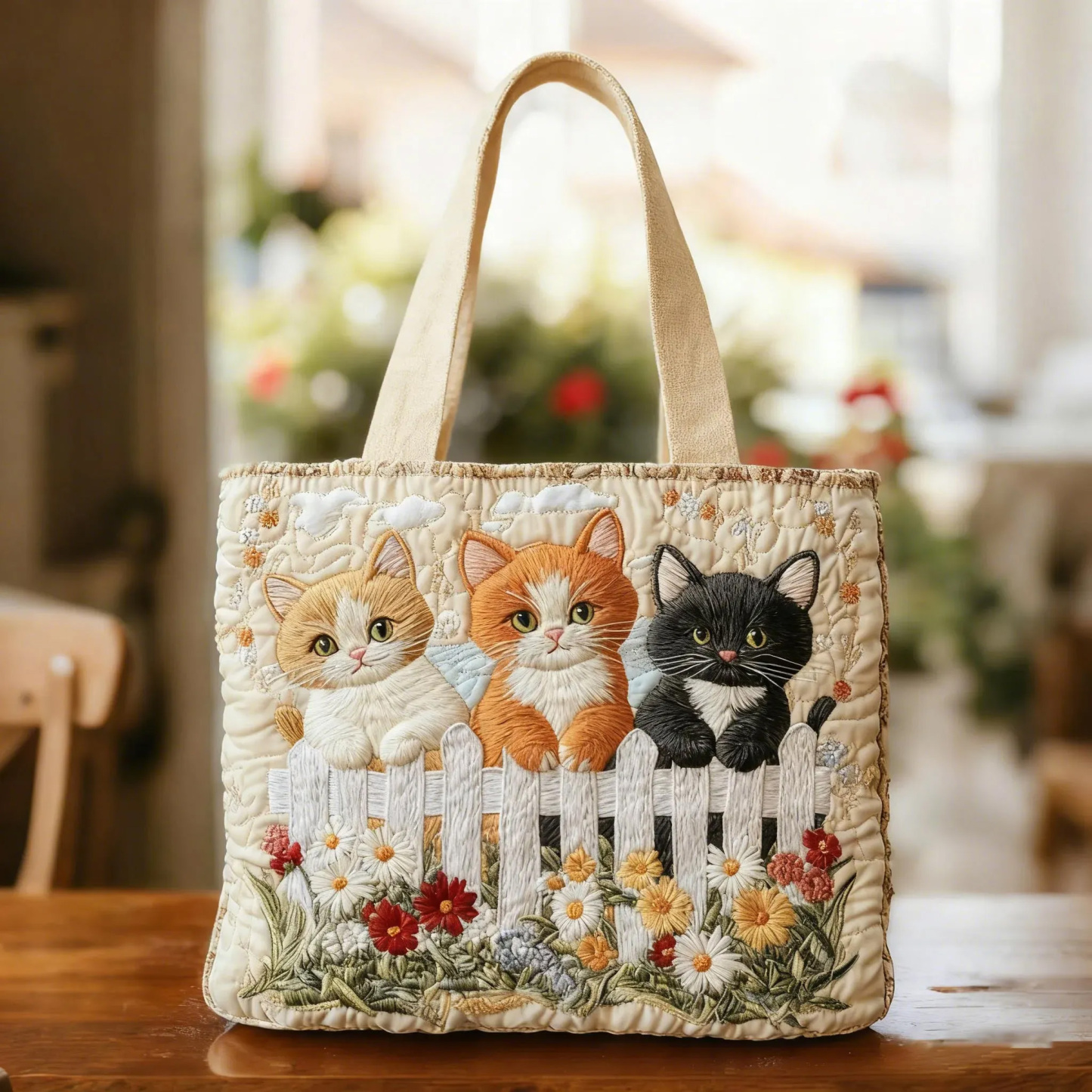 Feline Blossoms Quilted ToteBag