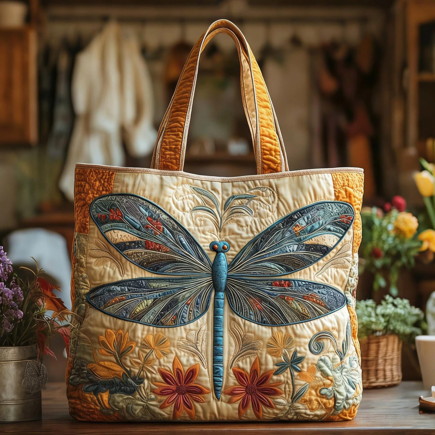 Amber Garden Bloom Quilted Tote Bag