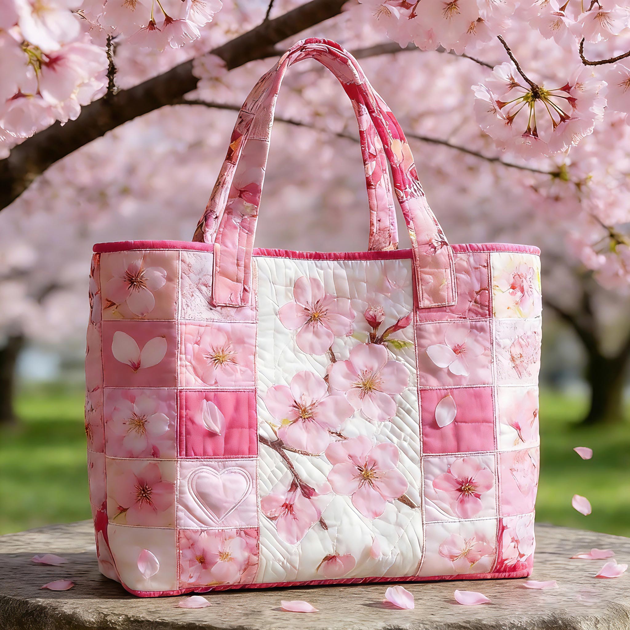 Cherry Blossom Patchwork Quilted Tote Bag