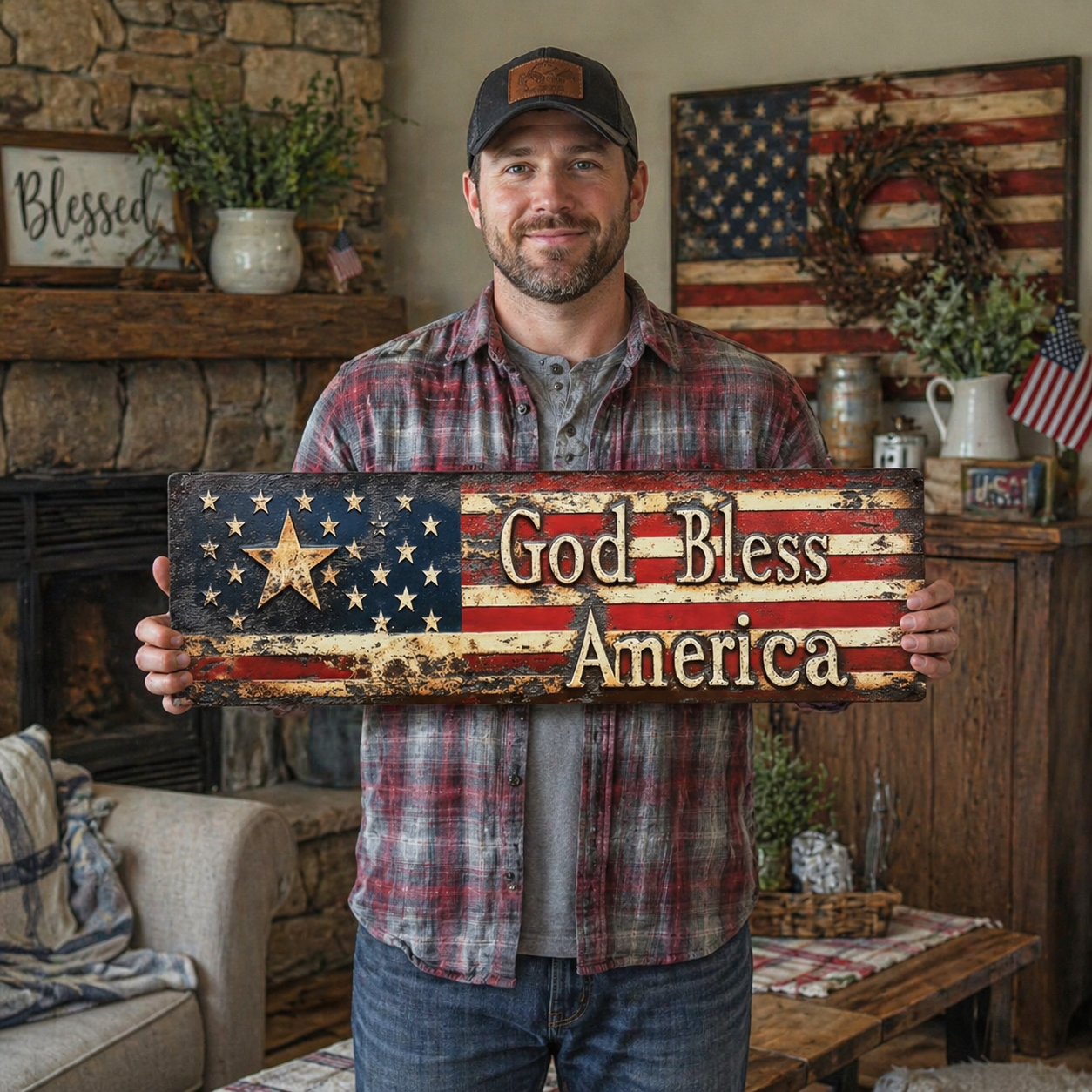 Rustic “God Bless America” Patriotic Wall Sign