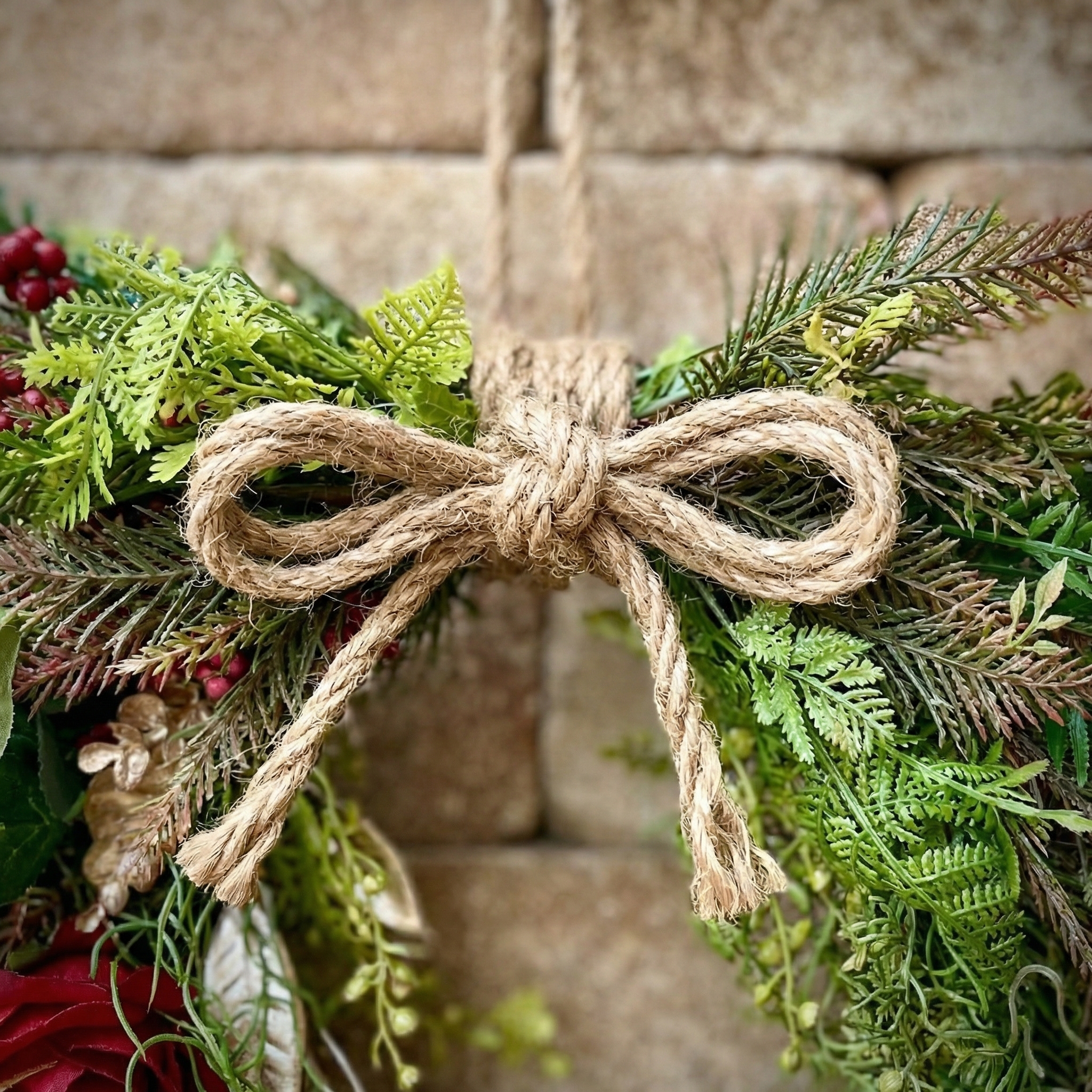 Farmhouse Valentine Heart Wreath with Gold Heart Bells, Red Roses & Berry Greenery (18" x 25")