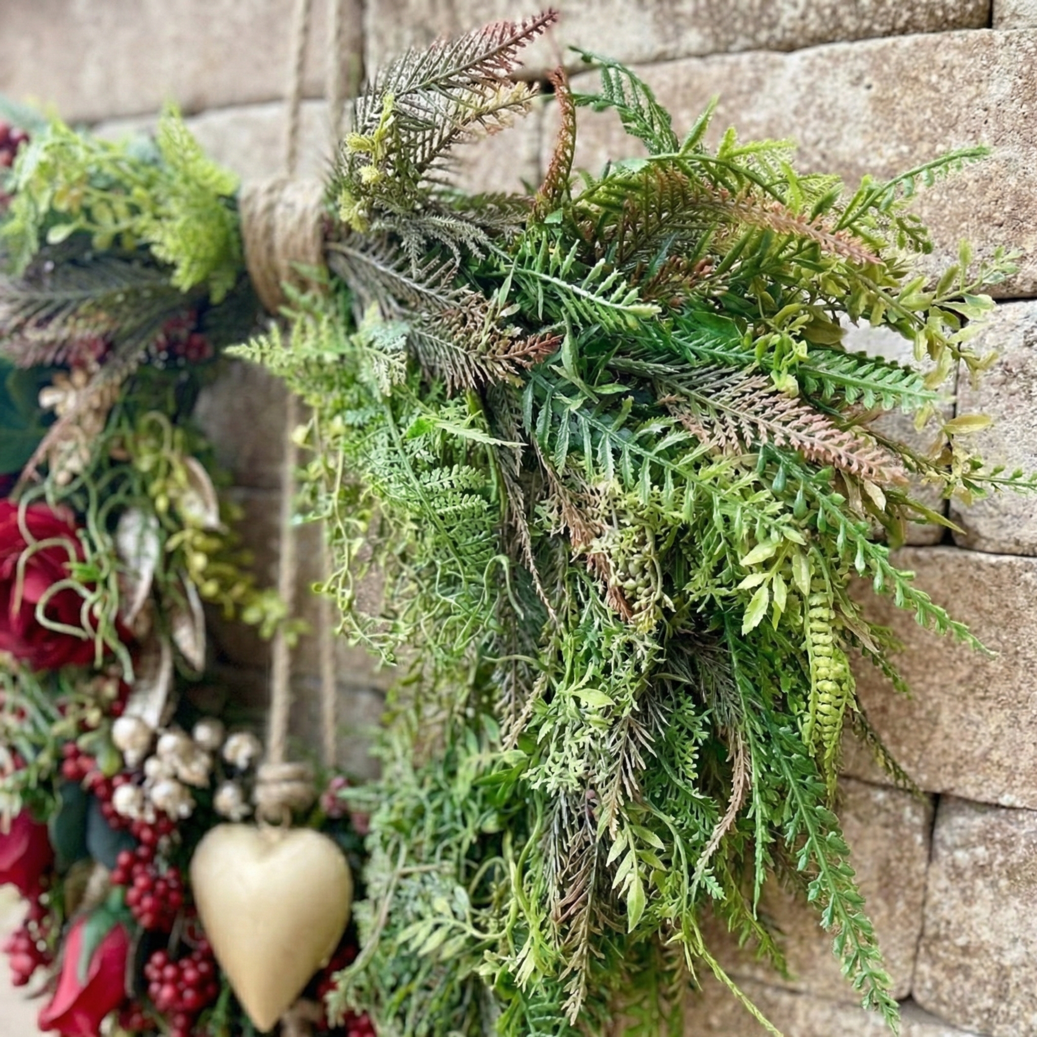 Farmhouse Valentine Heart Wreath with Gold Heart Bells, Red Roses & Berry Greenery (18" x 25")