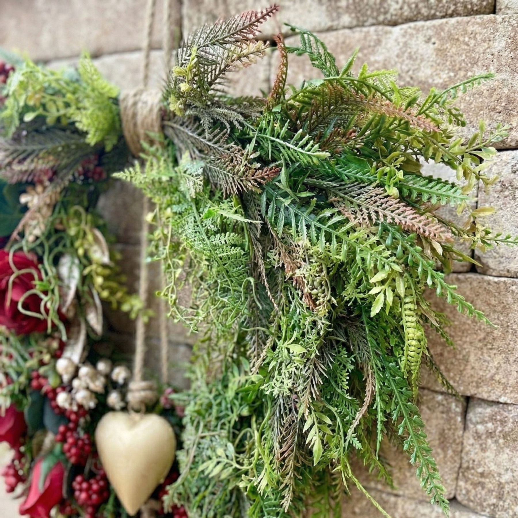 Farmhouse Valentine Heart Wreath with Gold Heart Bells, Red Roses & Berry Greenery (18" x 25")