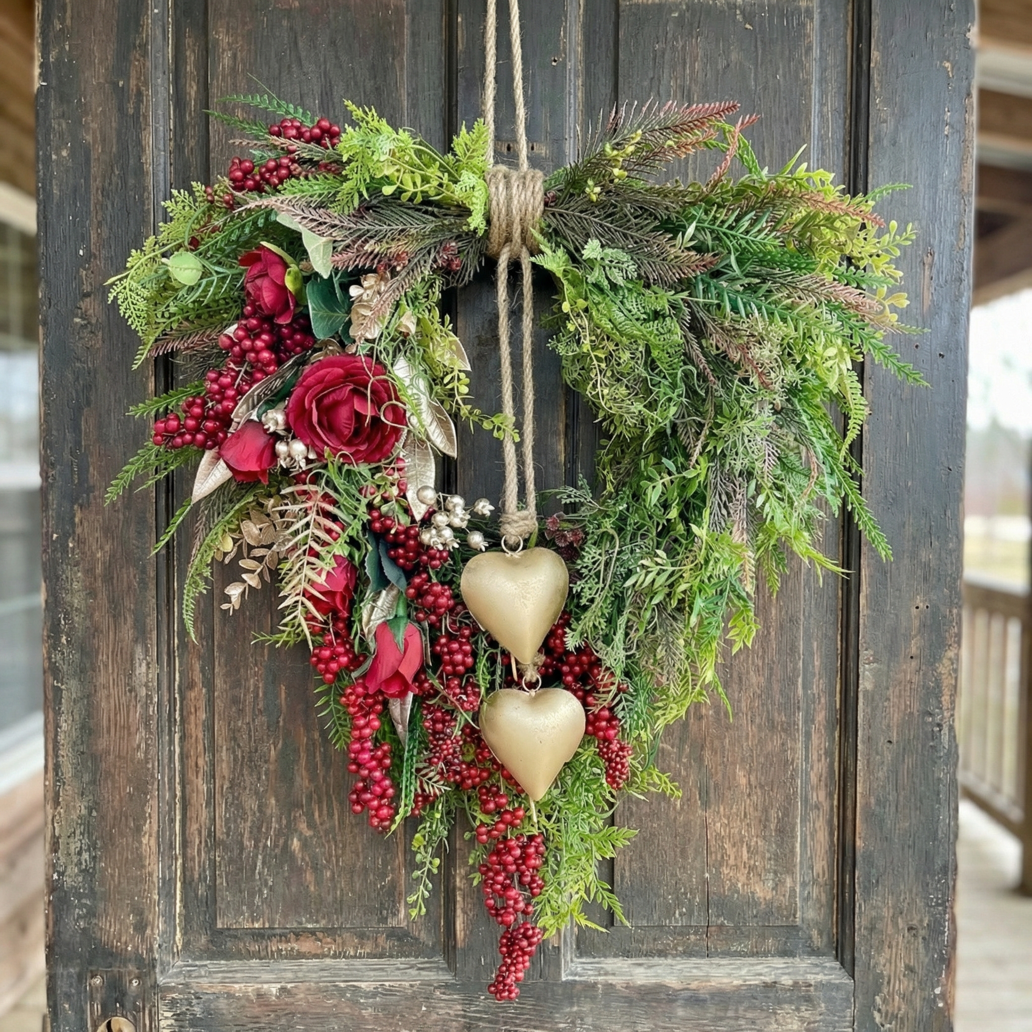 Farmhouse Valentine Heart Wreath with Gold Heart Bells, Red Roses & Berry Greenery (18" x 25")