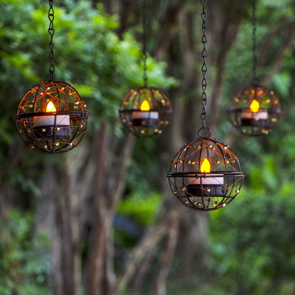 Solar Hanging Tea Light Lantern, Outdoor Waterproof Hanging Lantern