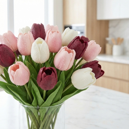 Real Touch Latex Tulip Bouquet (15pcs) – 3 Bunches Faux Tulips for Spring Home & Wedding Decor