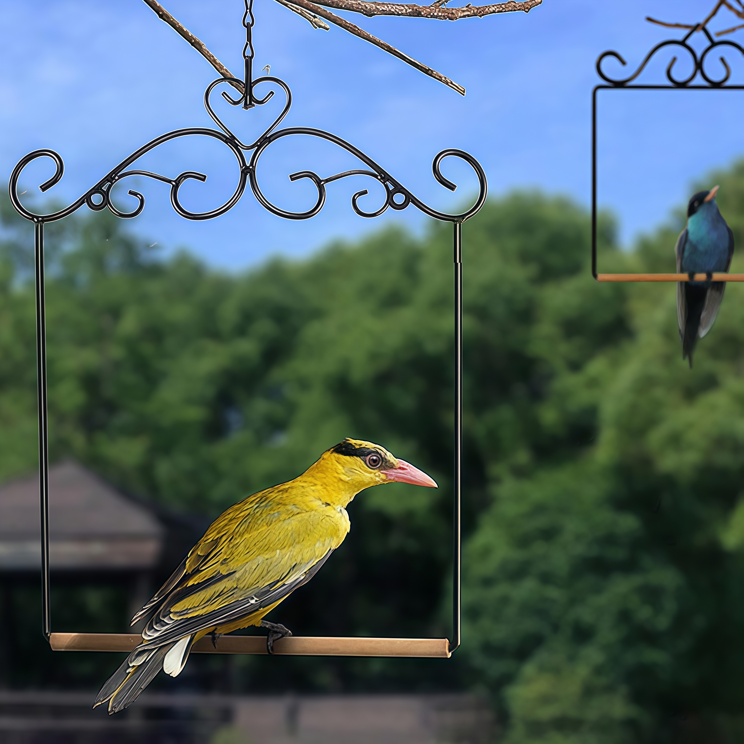 Metal Frame Bird Swing with Wooden Dowel and Hanging Chain Perch