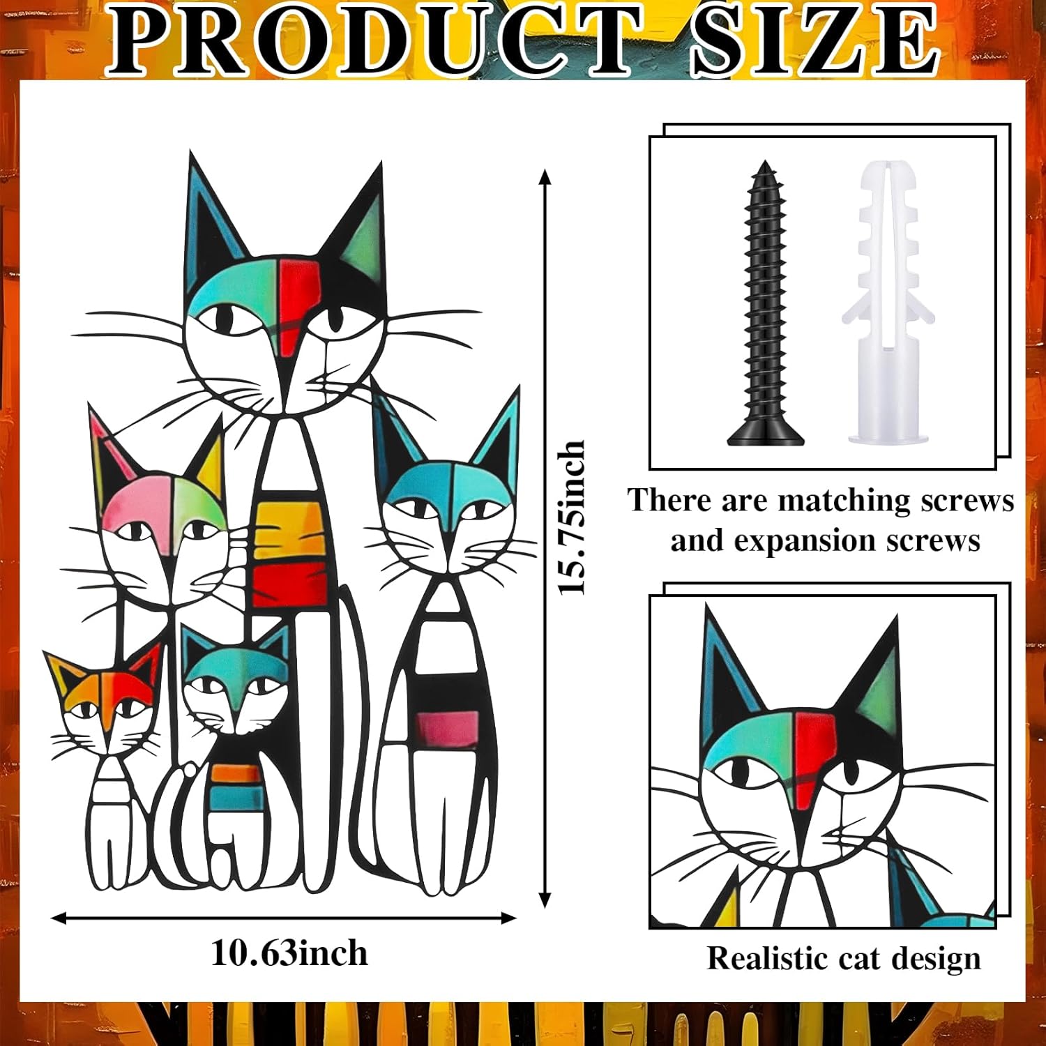 Colorful Mid-Century Cat Family Iron Wall Art Decor