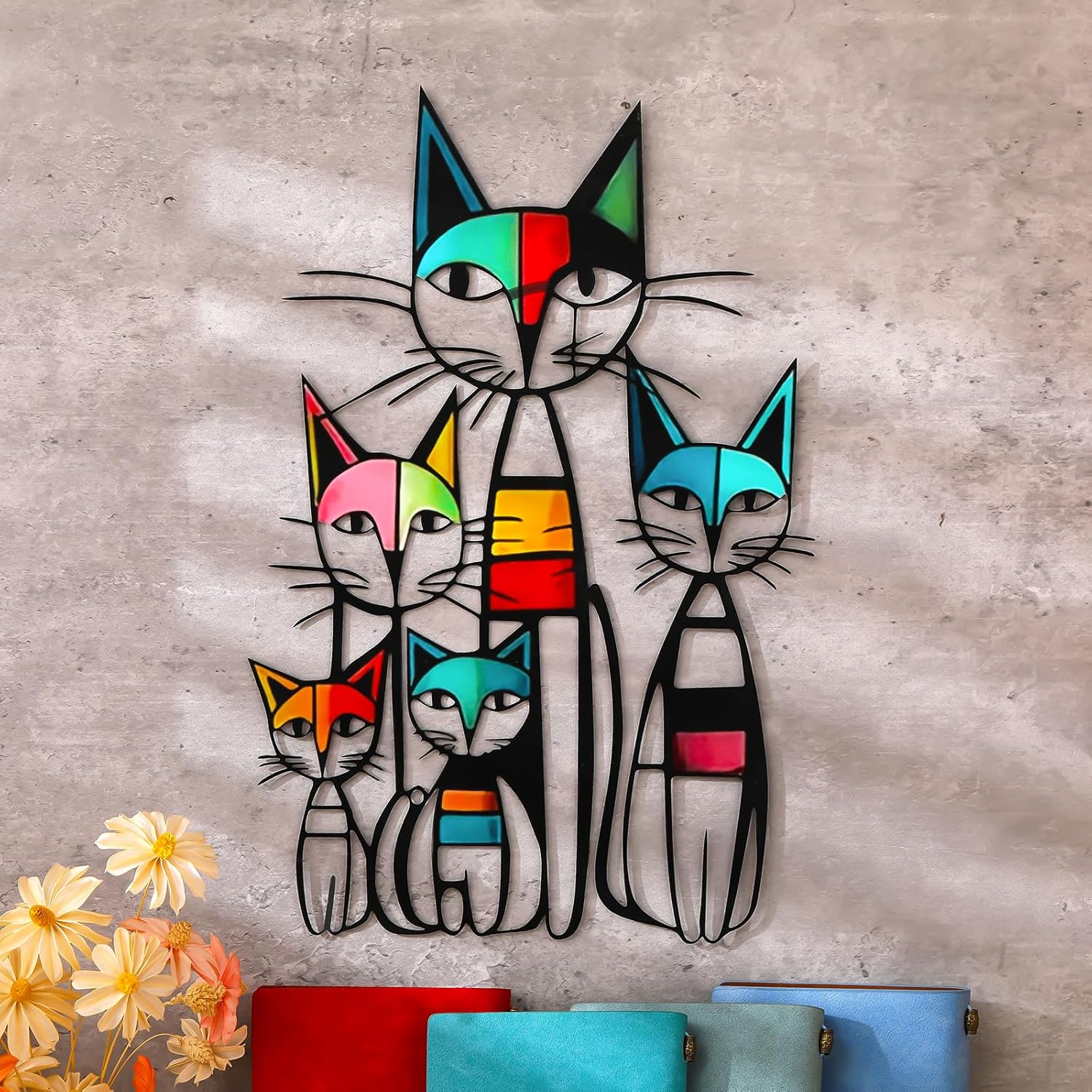 Colorful Mid-Century Cat Family Iron Wall Art Decor
