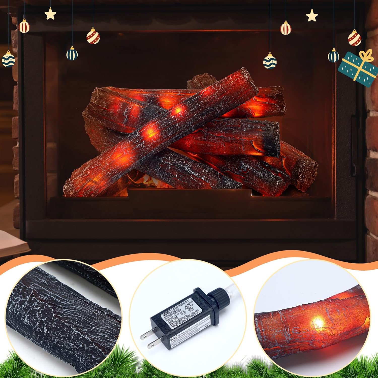 6 Pcs 13 in Flameless Fireplace Log Fake Fire Flame Lights