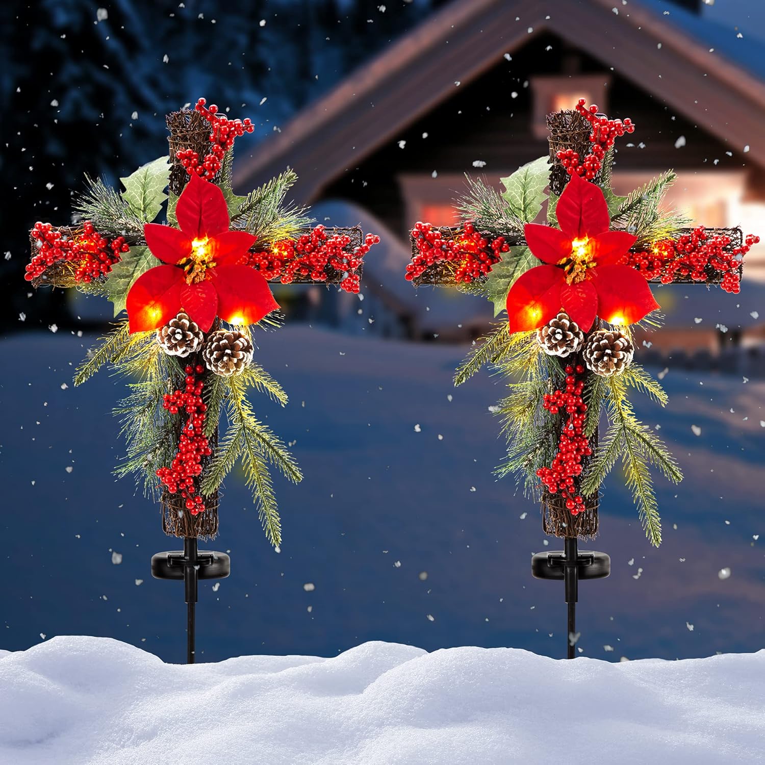 Solar Lighted Christmas Memorial Cross Stake (Poinsettia & Berry Design)