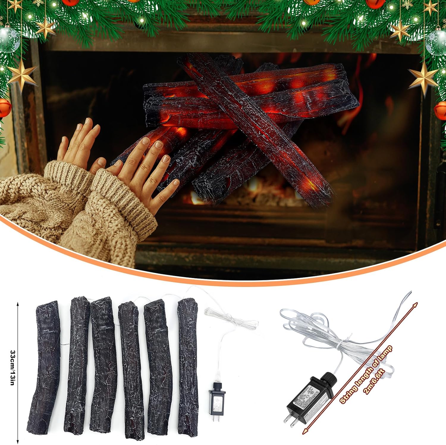 6 Pcs 13 in Flameless Fireplace Log Fake Fire Flame Lights
