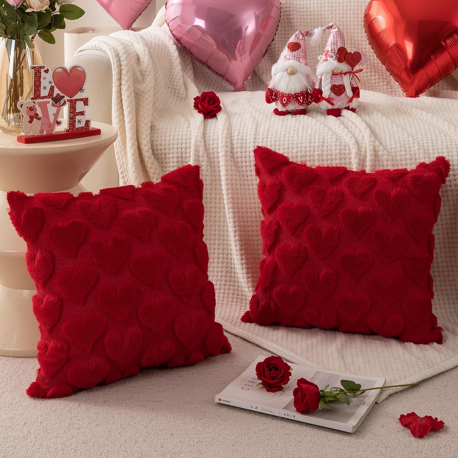 Valentine’s Day Plush Heart Jacquard Pillow Covers (18 x 18 Inch)