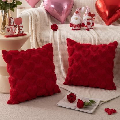 Valentine’s Day Plush Heart Jacquard Pillow Covers (18 x 18 Inch)