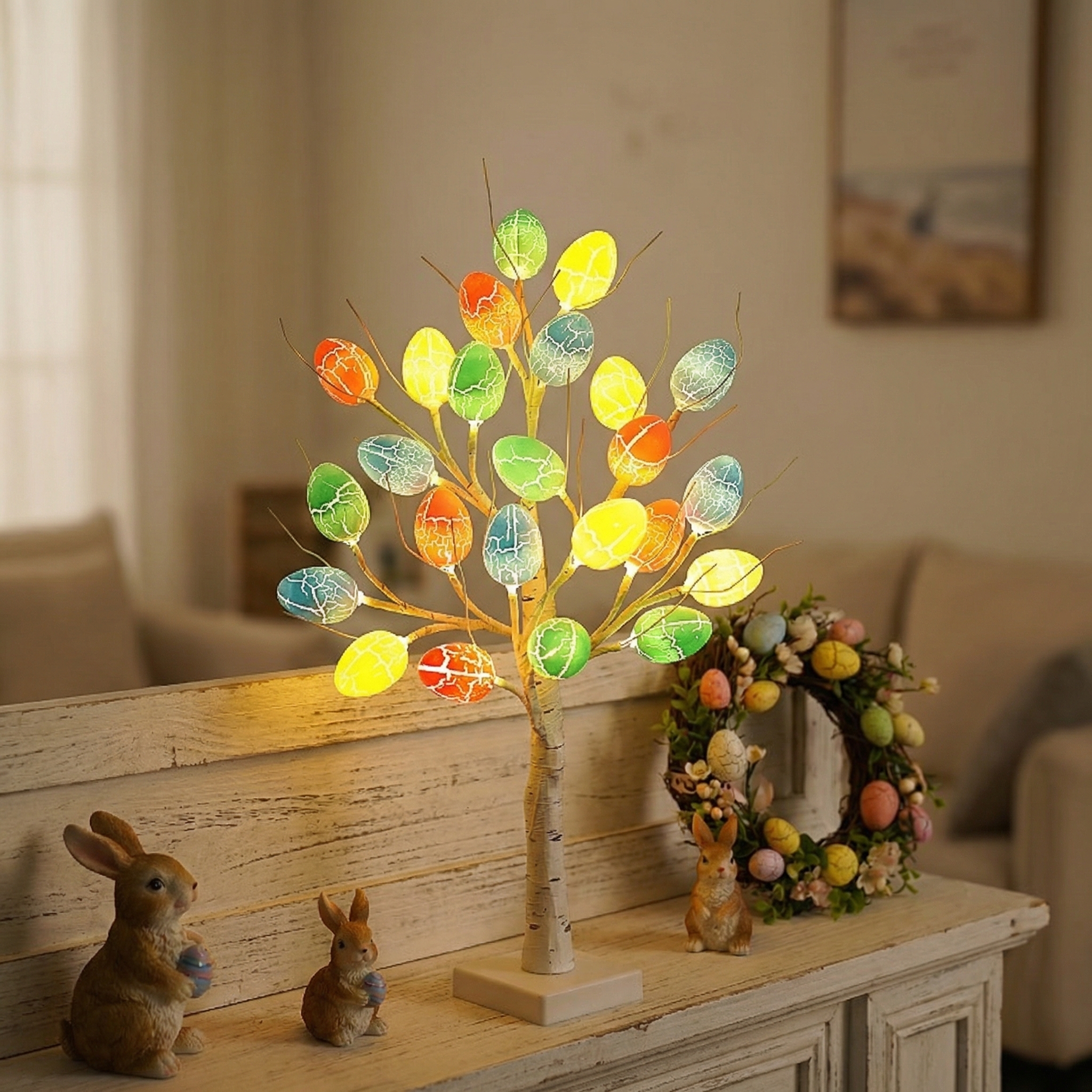 2FT Lighted Birch Egg Tree with 24 Colorful Eggs