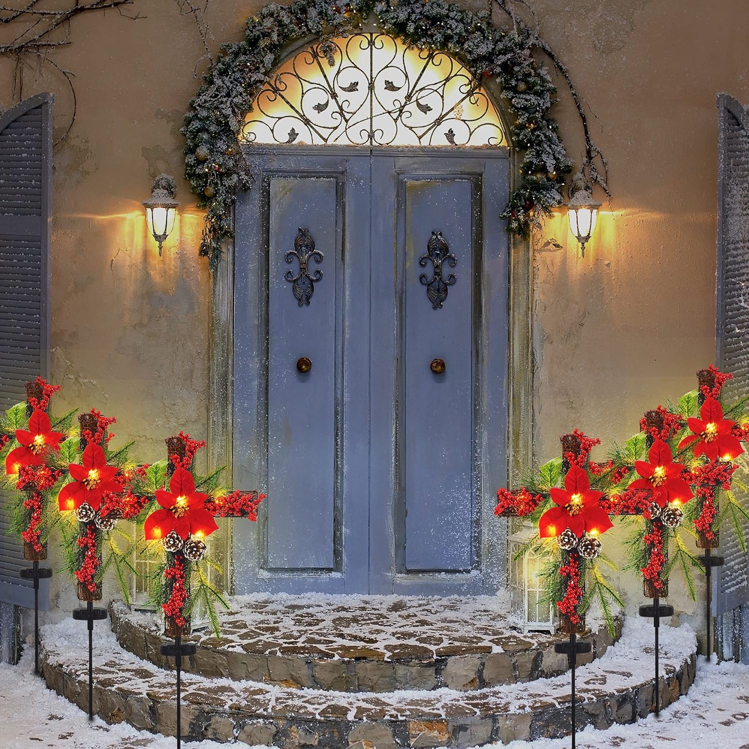 Solar Lighted Christmas Memorial Cross Stake (Poinsettia & Berry Design)