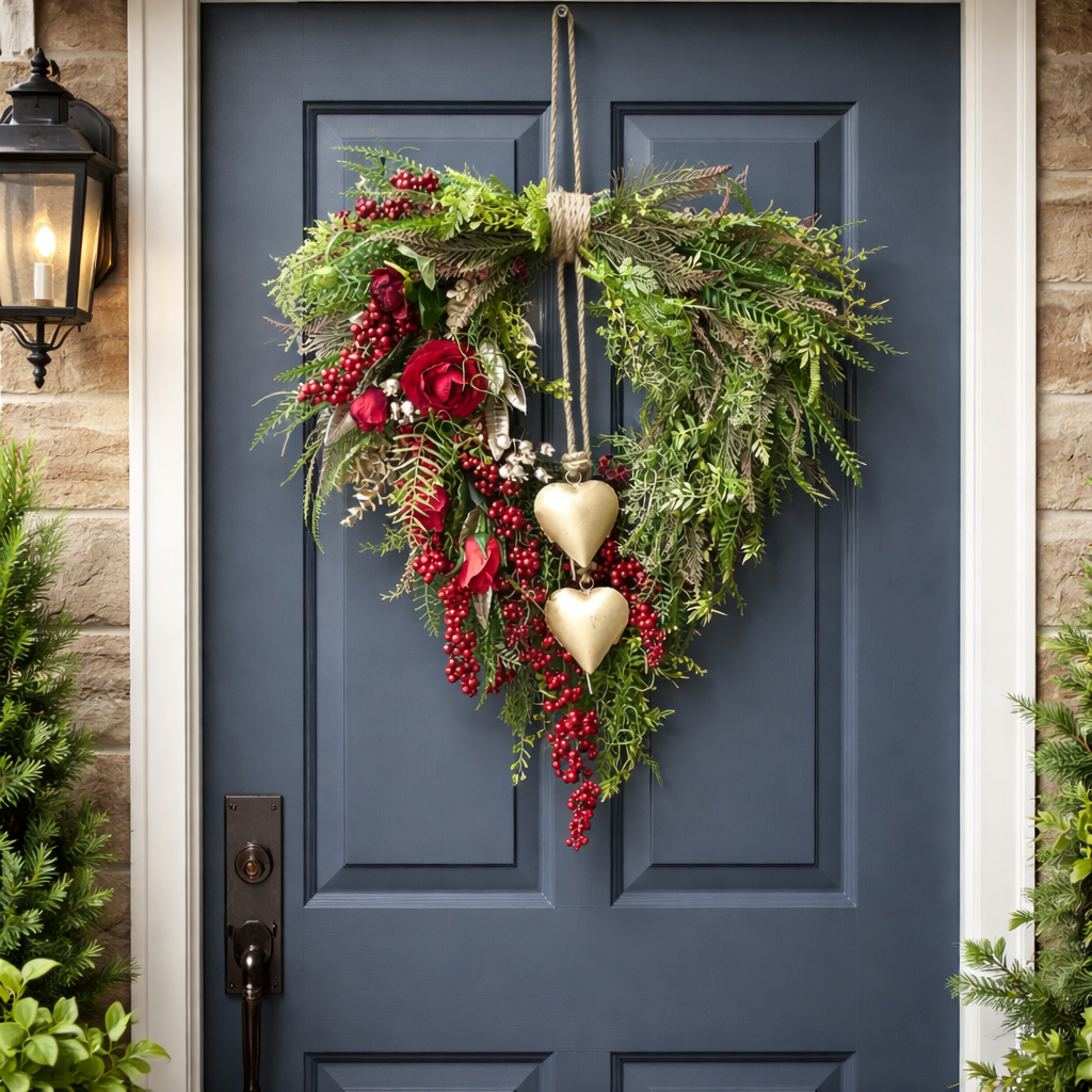 Farmhouse Valentine Heart Wreath with Gold Heart Bells, Red Roses & Berry Greenery (18" x 25")