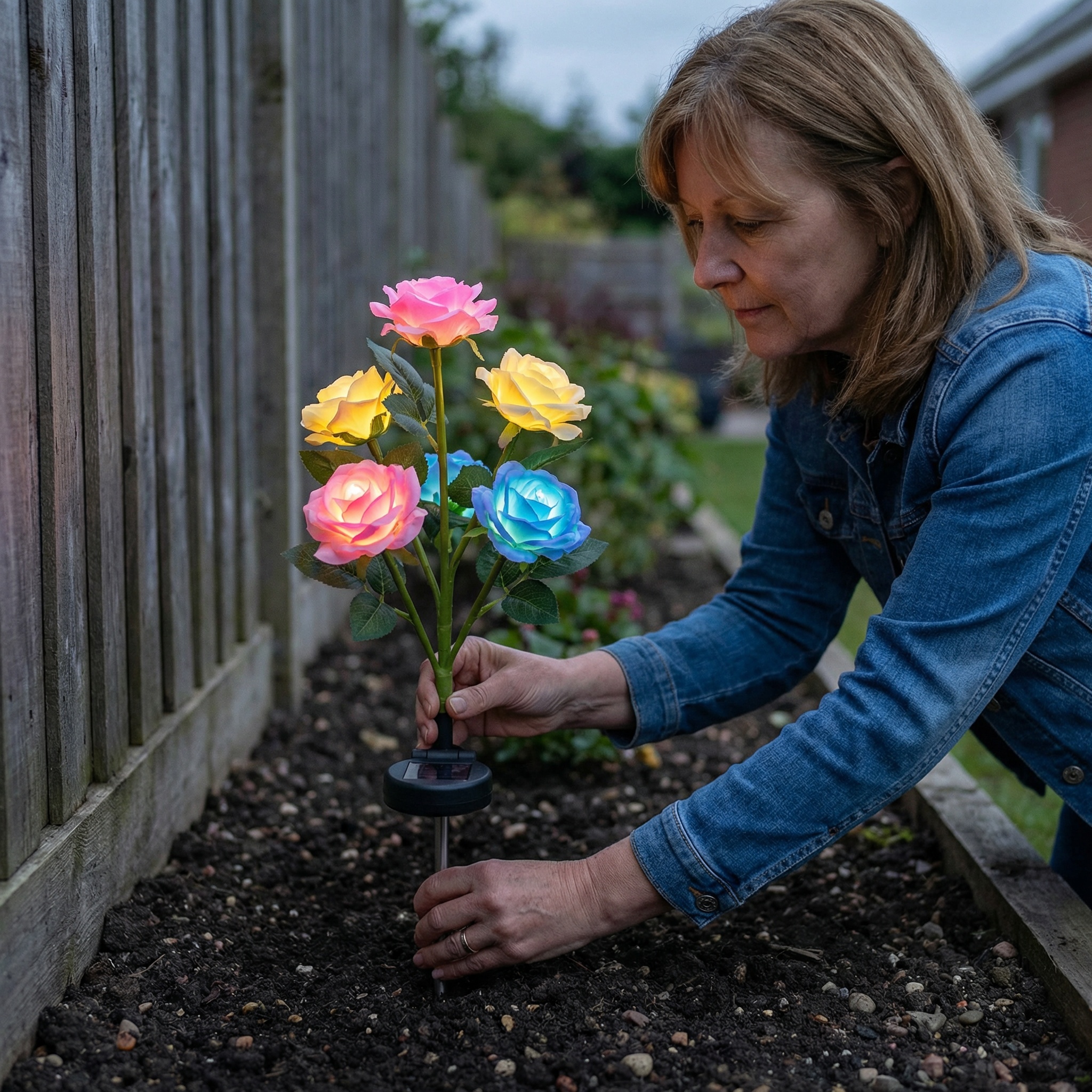 7-Color Changing Solar Rose Stake Lights 5 Head Outdoor Garden Decor