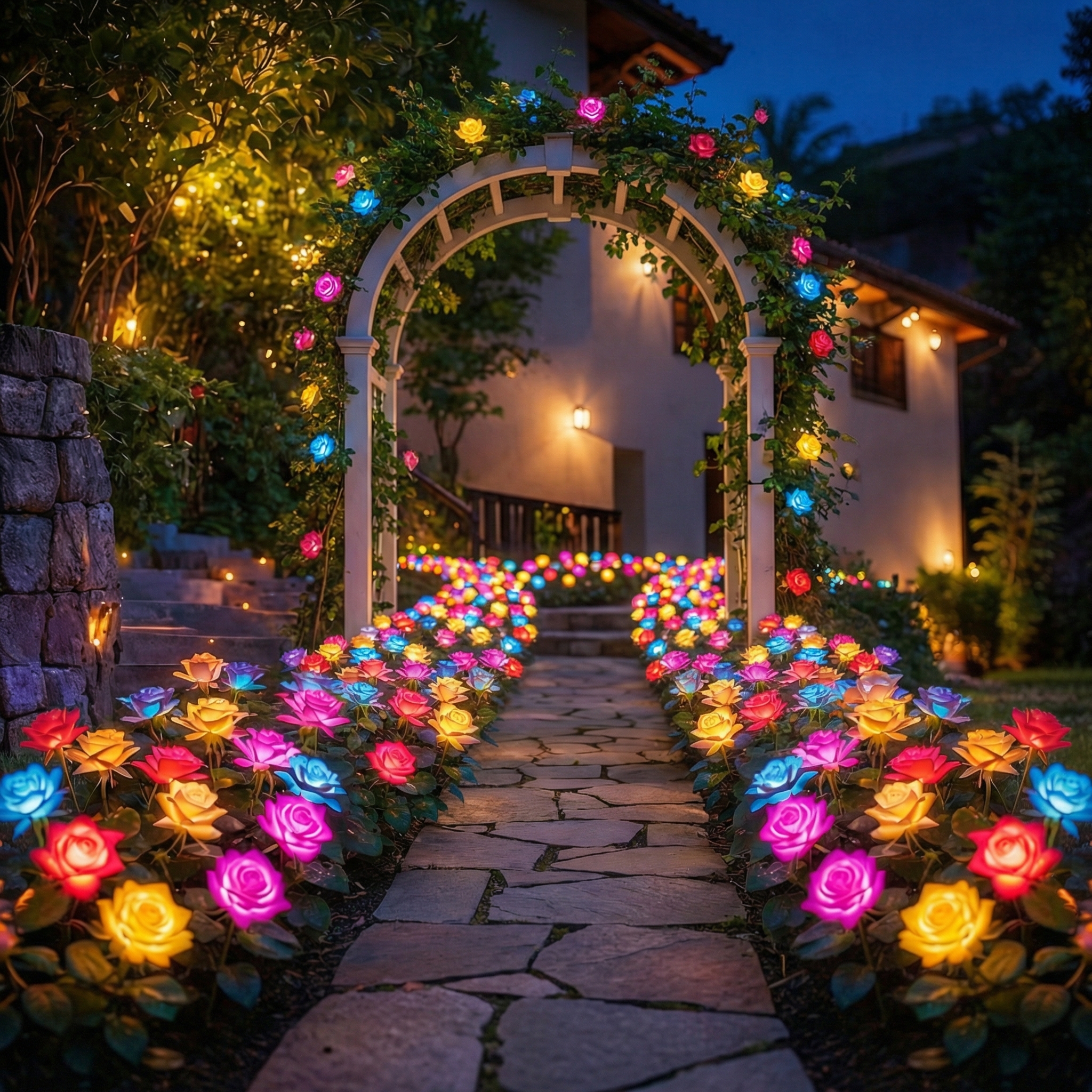 7-Color Changing Solar Rose Stake Lights 5 Head Outdoor Garden Decor
