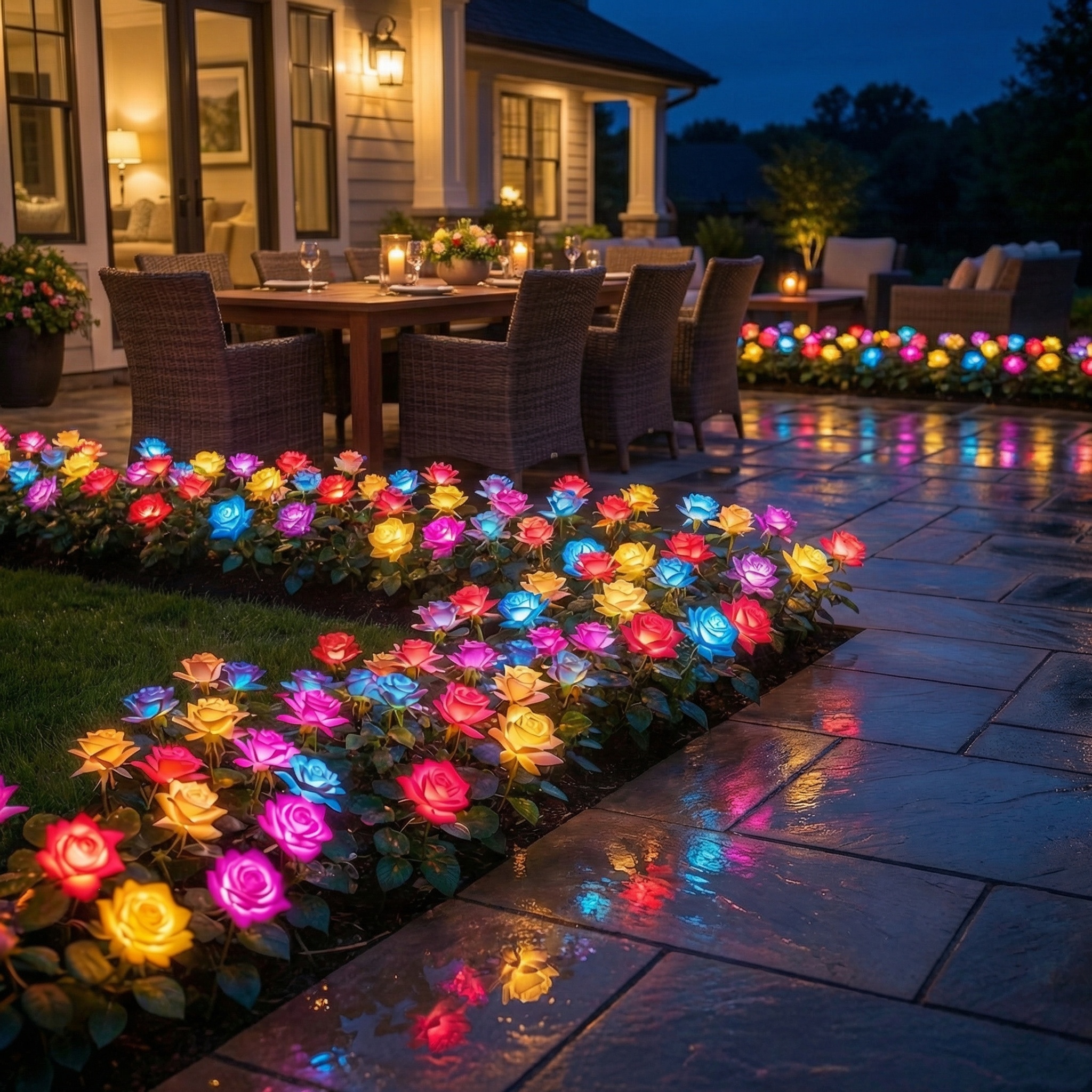 7-Color Changing Solar Rose Stake Lights 5 Head Outdoor Garden Decor