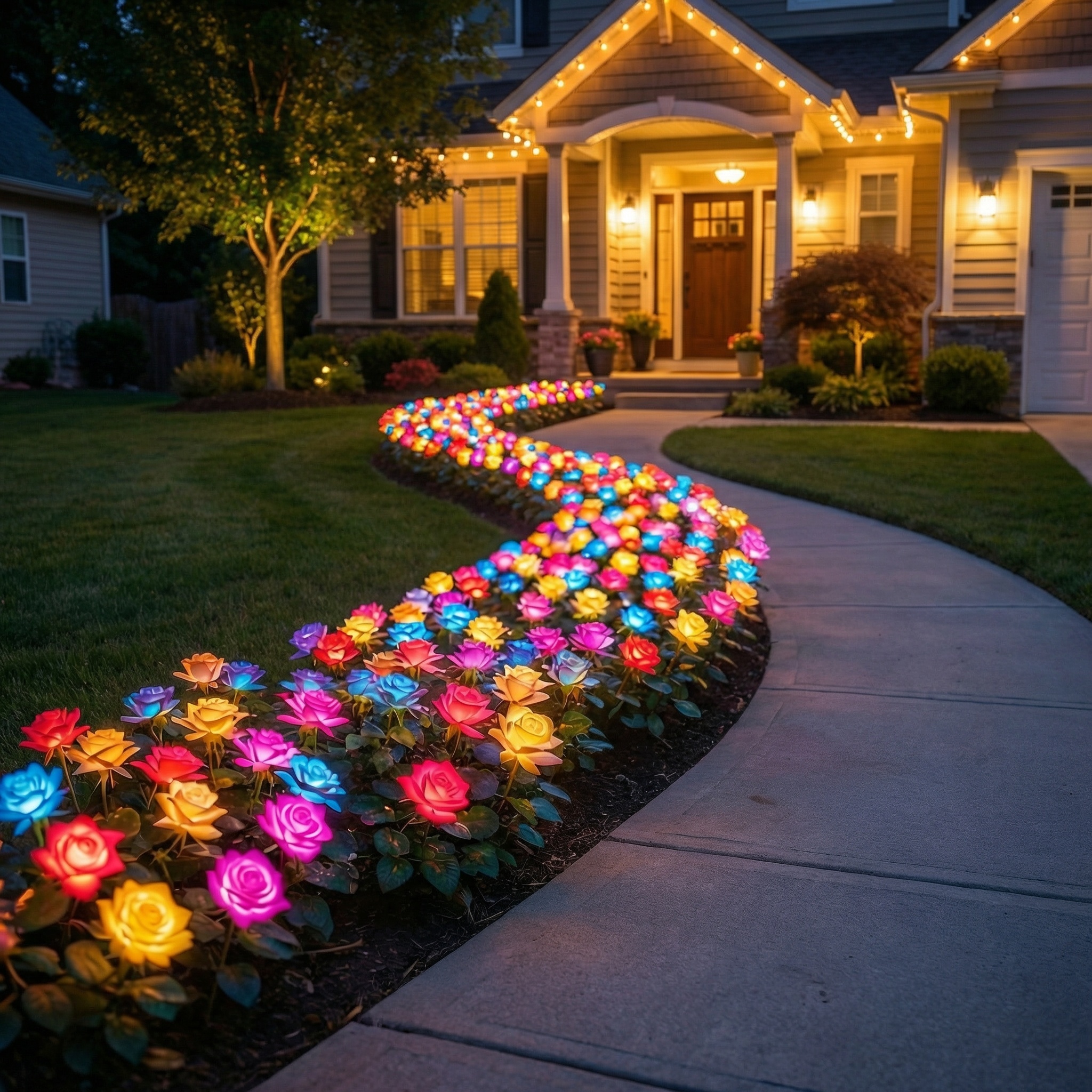 7-Color Changing Solar Rose Stake Lights 5 Head Outdoor Garden Decor