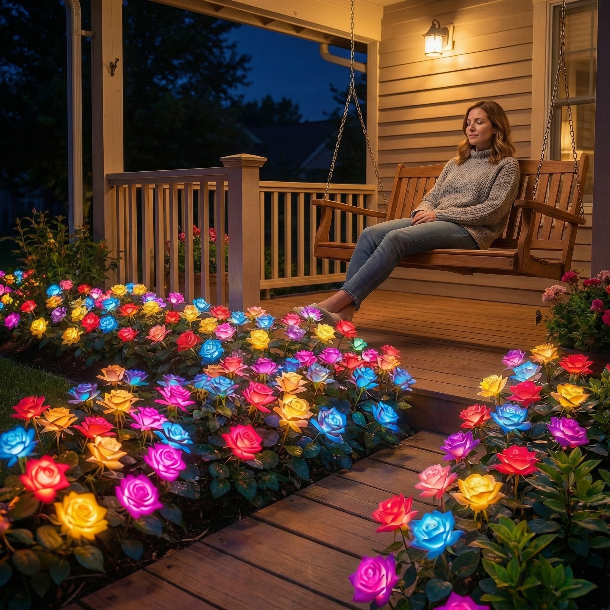 7-Color Changing Solar Rose Stake Lights 5 Head Outdoor Garden Decor