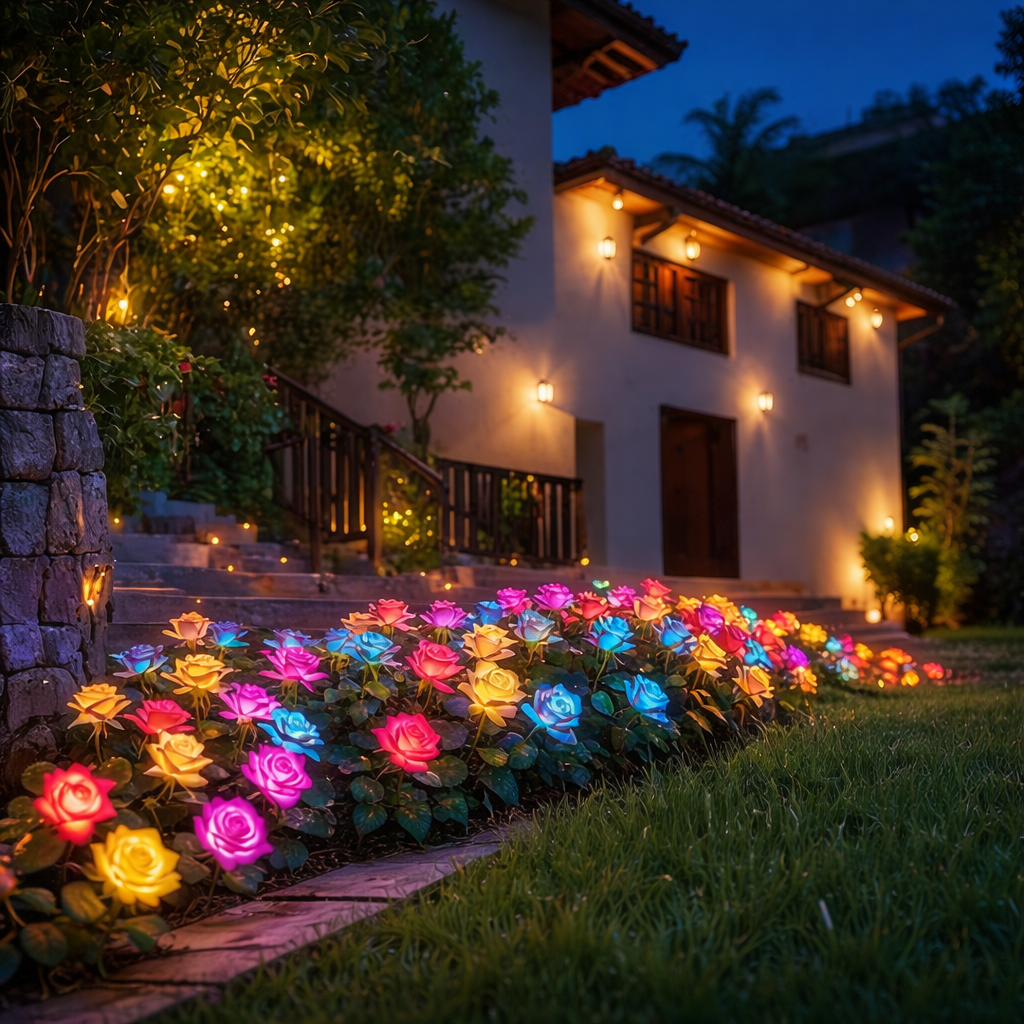 7-Color Changing Solar Rose Stake Lights 5 Head Outdoor Garden Decor