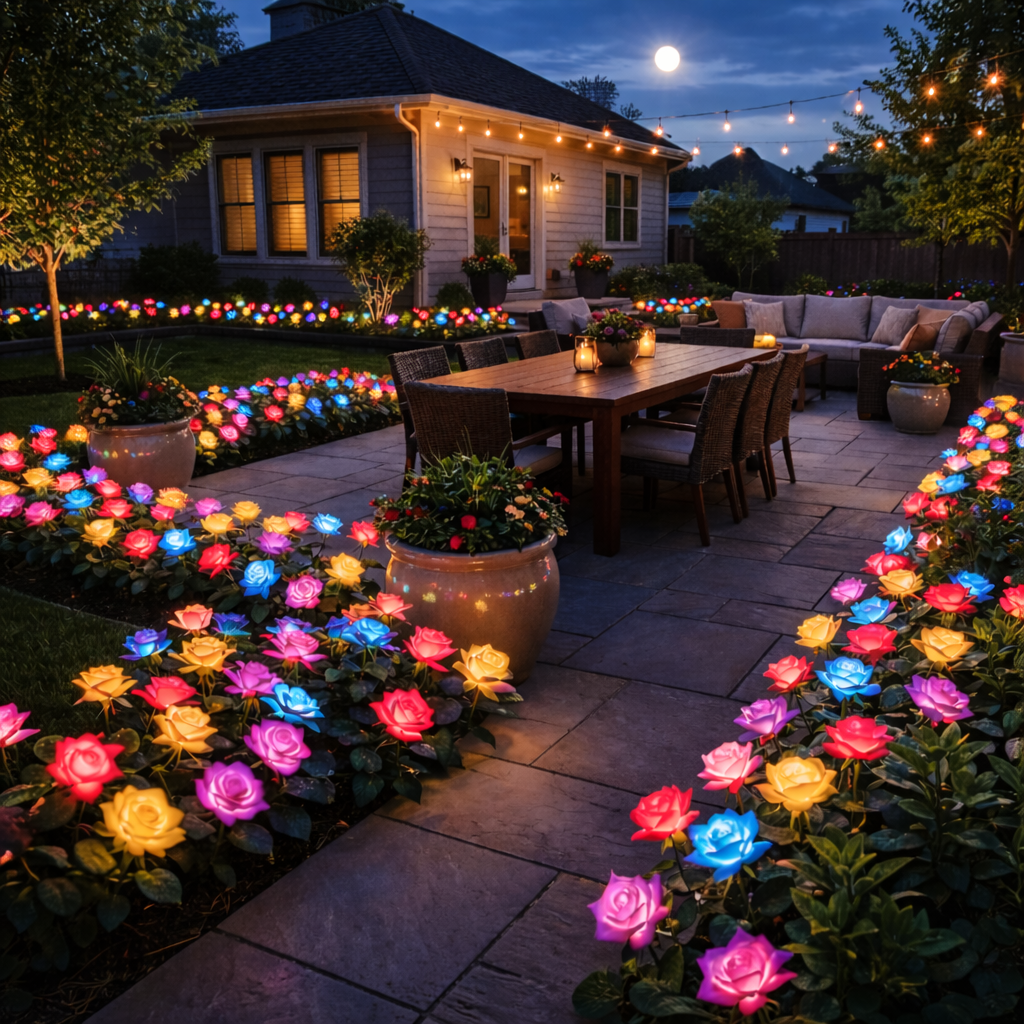 7-Color Changing Solar Rose Stake Lights 5 Head Outdoor Garden Decor