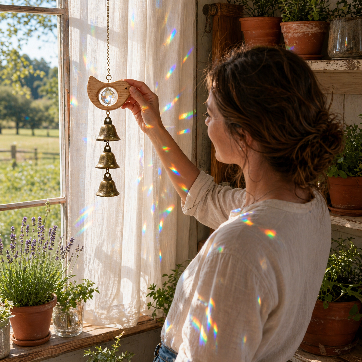Wooden Bird & Fish Crystal Bell Wind Chime