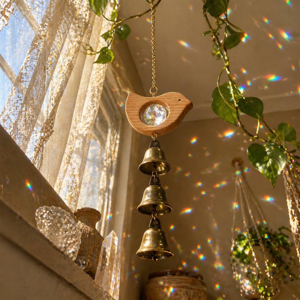 Wooden Bird & Fish Crystal Bell Wind Chime