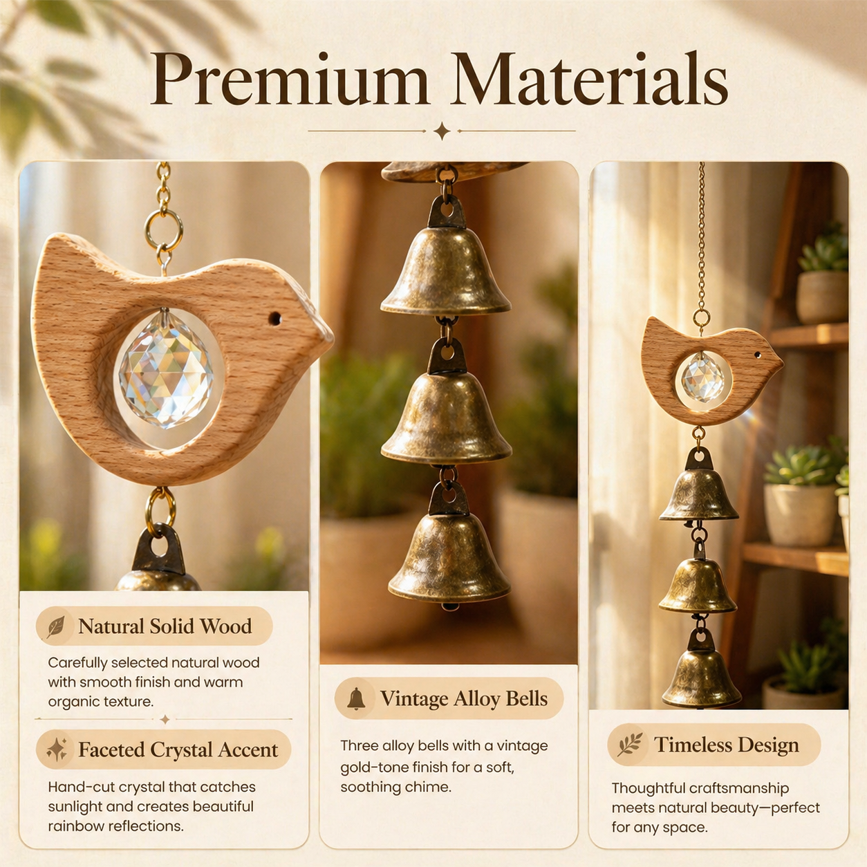 Wooden Bird & Fish Crystal Bell Wind Chime