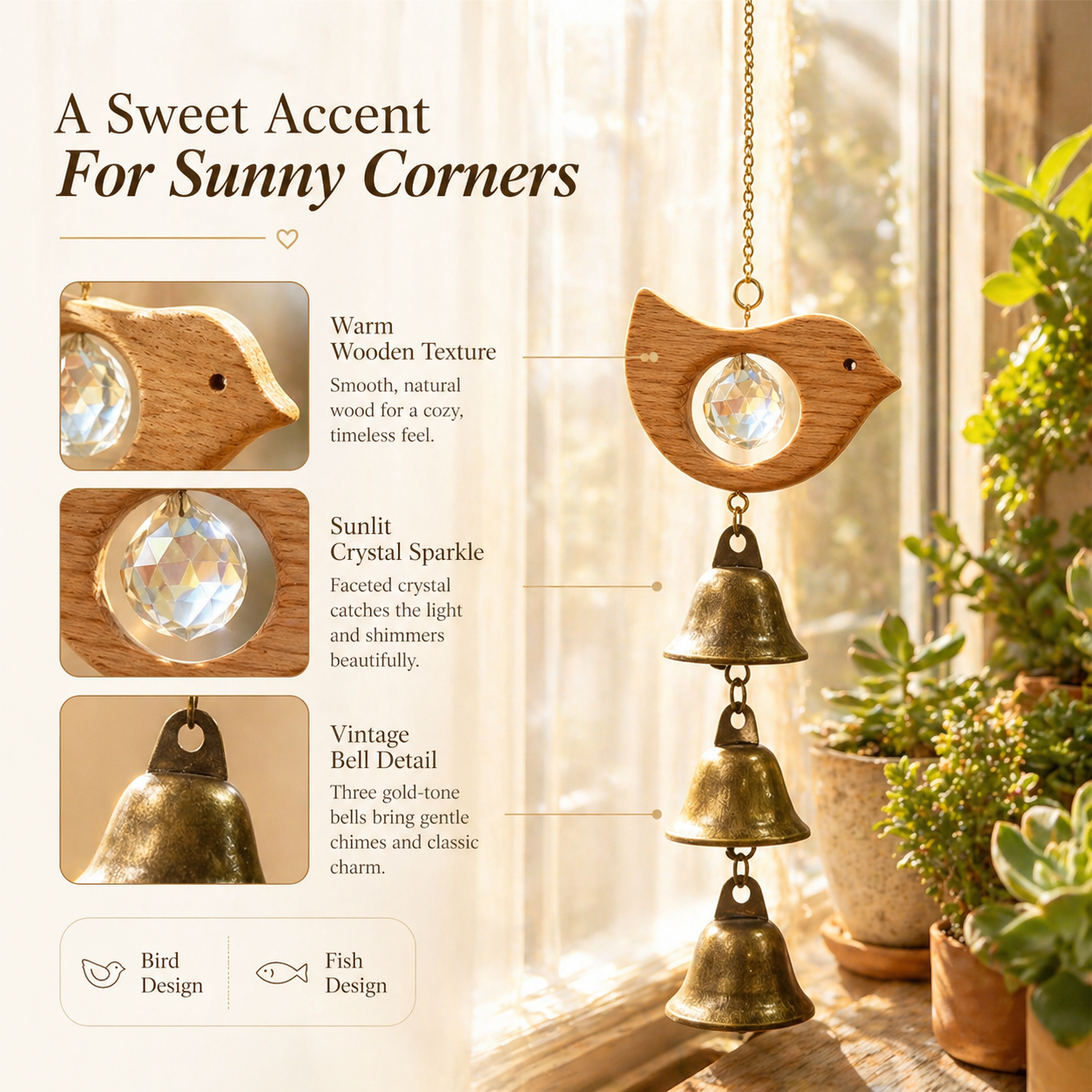 Wooden Bird & Fish Crystal Bell Wind Chime