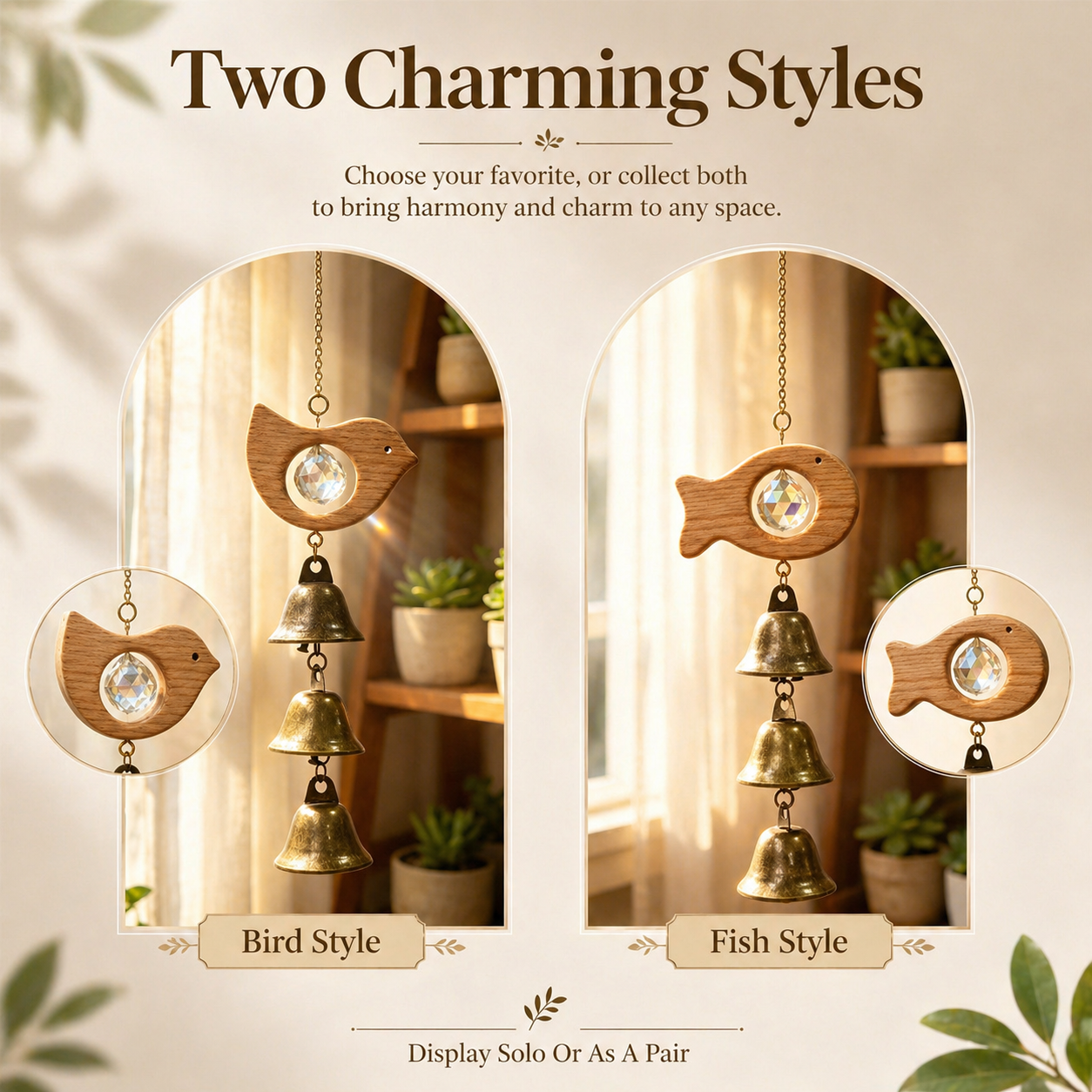 Wooden Bird & Fish Crystal Bell Wind Chime