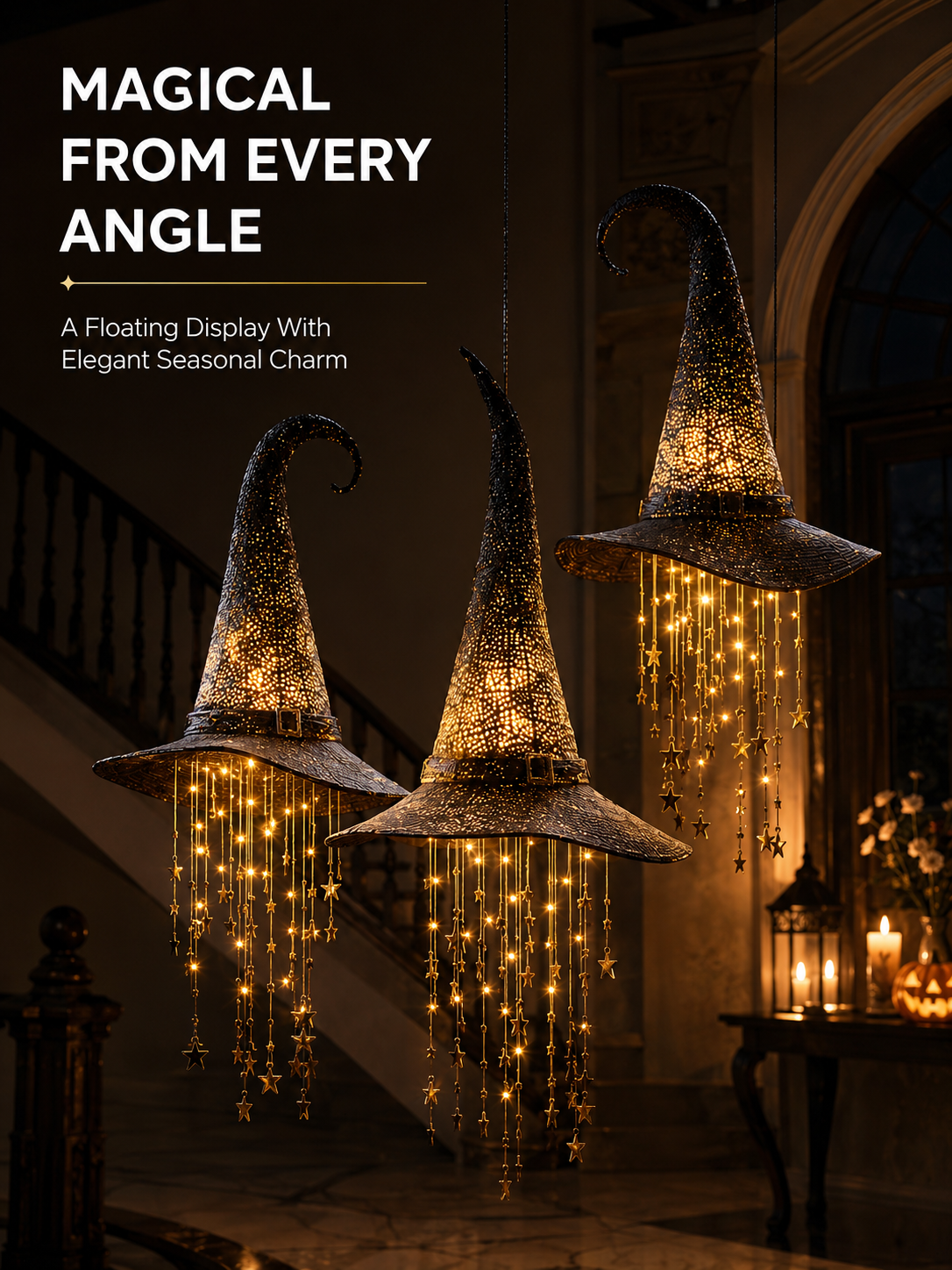 Lighted Hanging Witch Hat Star Garland Halloween Decor