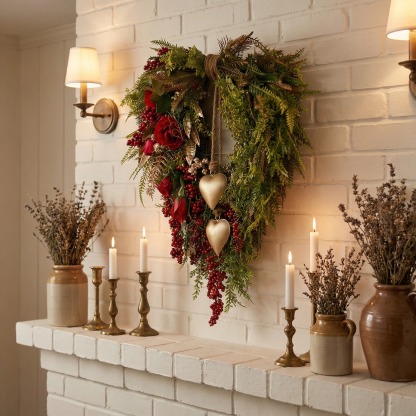 Farmhouse Valentine Heart Wreath with Gold Heart Bells, Red Roses & Berry Greenery (18" x 25")