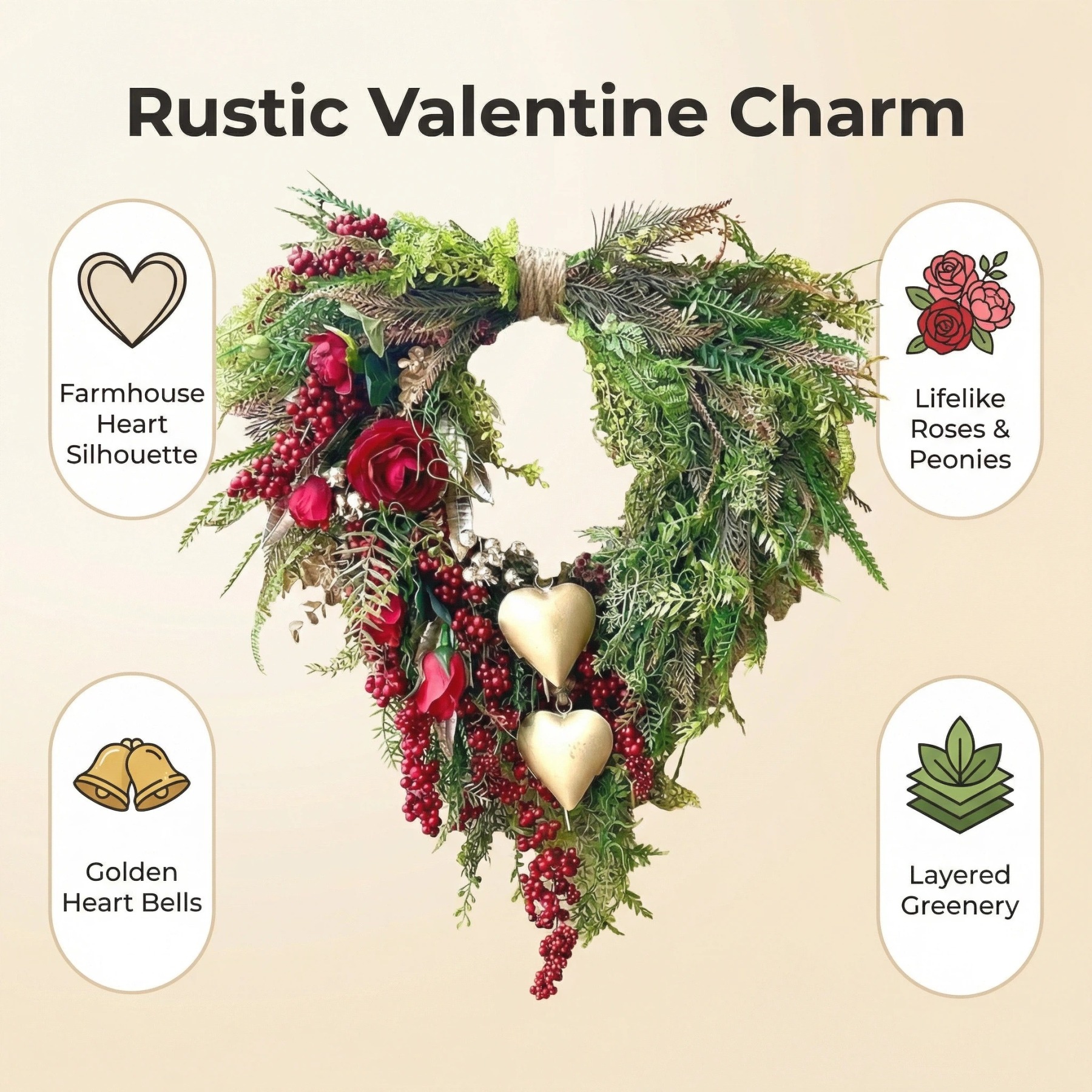 Farmhouse Valentine Heart Wreath with Gold Heart Bells, Red Roses & Berry Greenery (18" x 25")