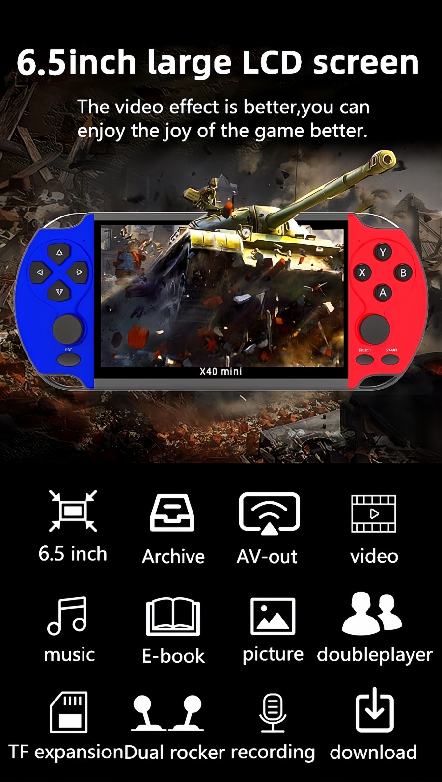 X40MINI｜6.5-inch double player video game console Supports wireless controllers Birthday/holiday/Christmas gift