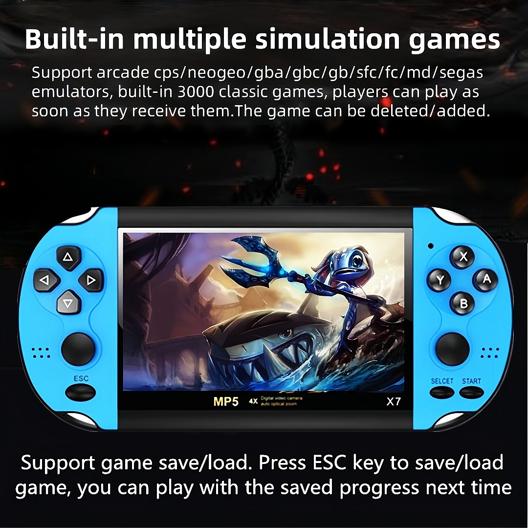 4.3 inch Color Video Game Console Dual Joystick Built-in 3000 Retro Games Support Arcade CPS/gba/gbc/gb/SFC/fc Video/Music/E-Book AV Out Rechargeable Lithium Battery Children's Gift