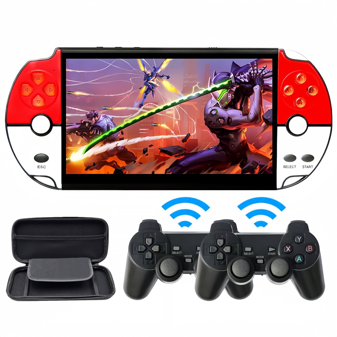 XRS-09｜7-inch multiplayer wireless hand retro video game console built-in 13000 games, support arcadePS1/CPS/NEOGEO/GBC/SFC/FC/MD multi-emulator video music e-book handheld portable game system free protection case wireless controller