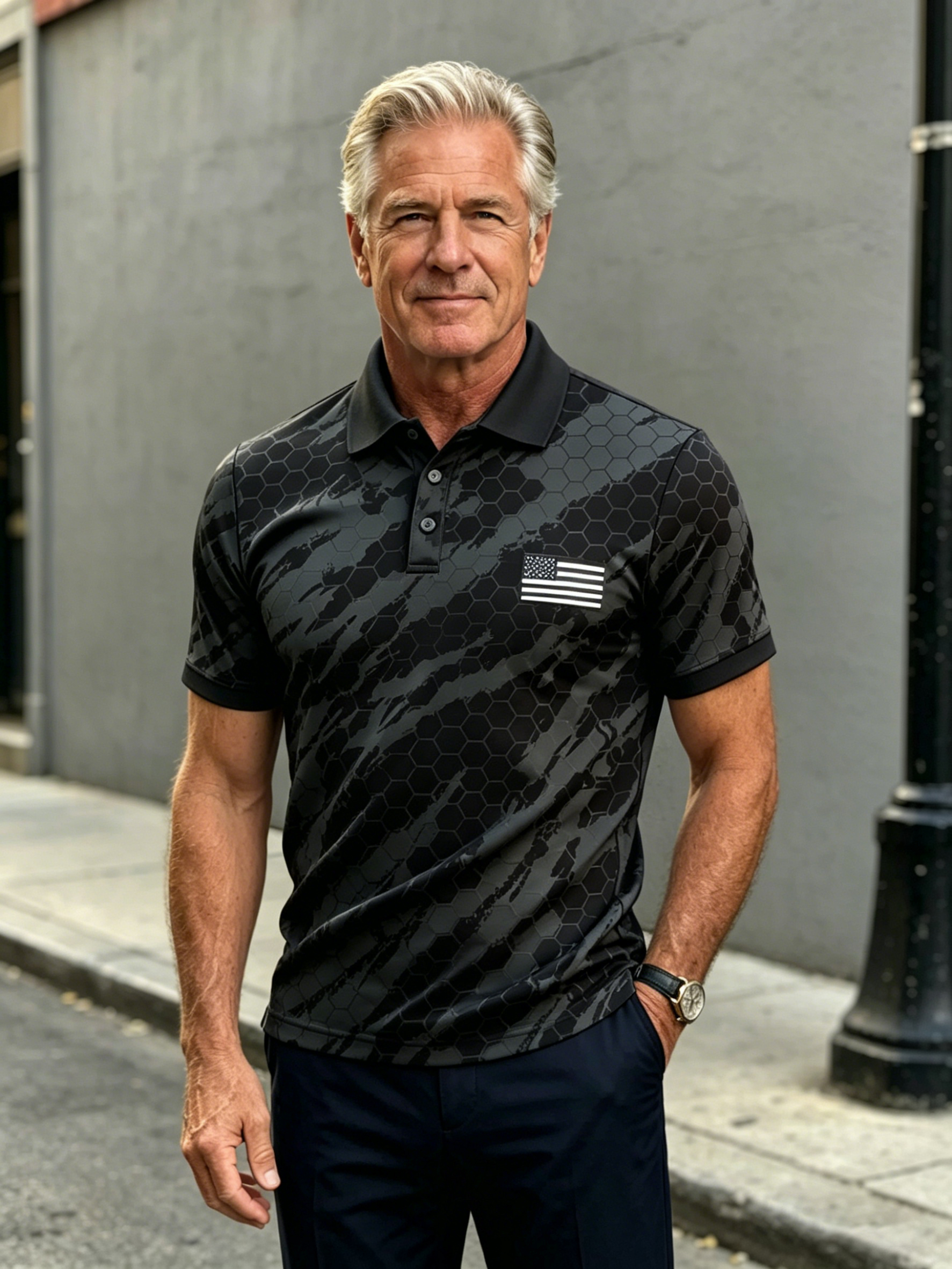 Men's Retro Patriotic Color-Block Short-Sleeve Polo Shirt