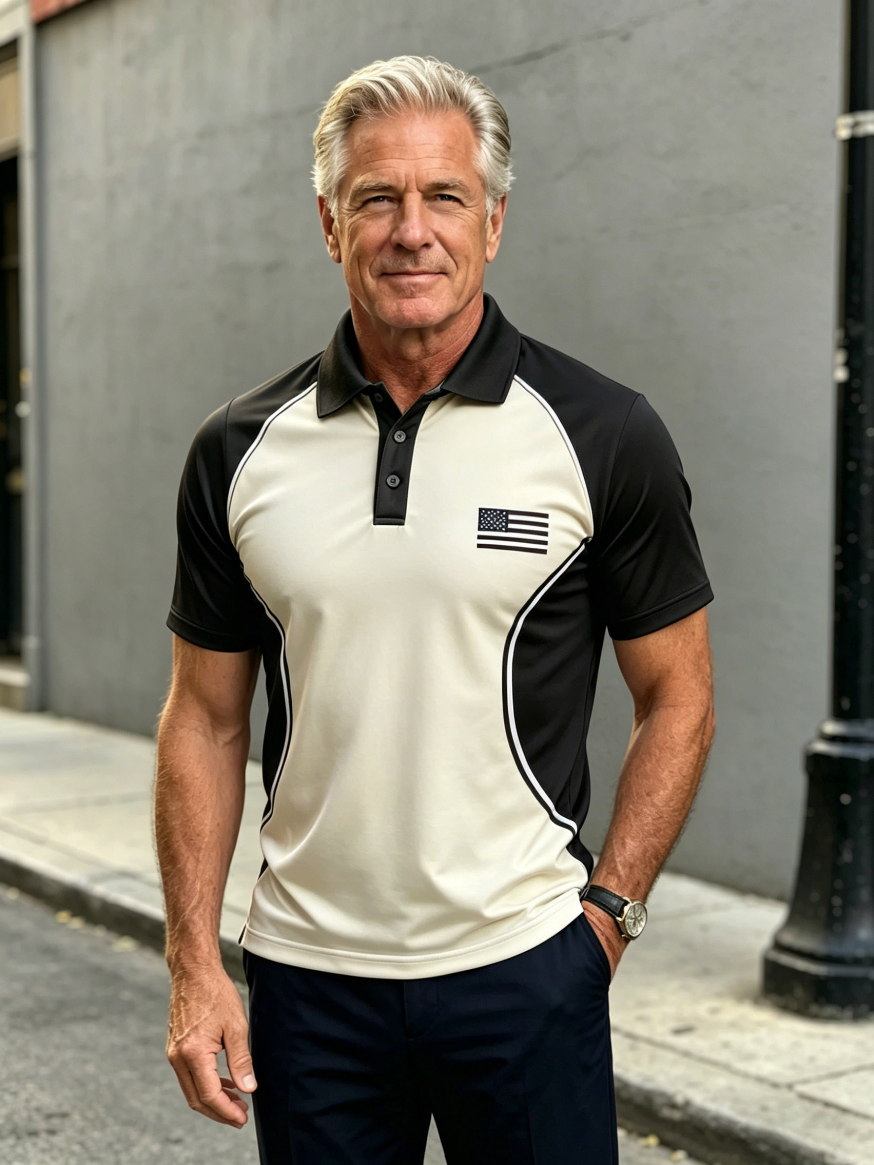 Men's Retro Patriotic Color-Block Short-Sleeve Polo Shirt