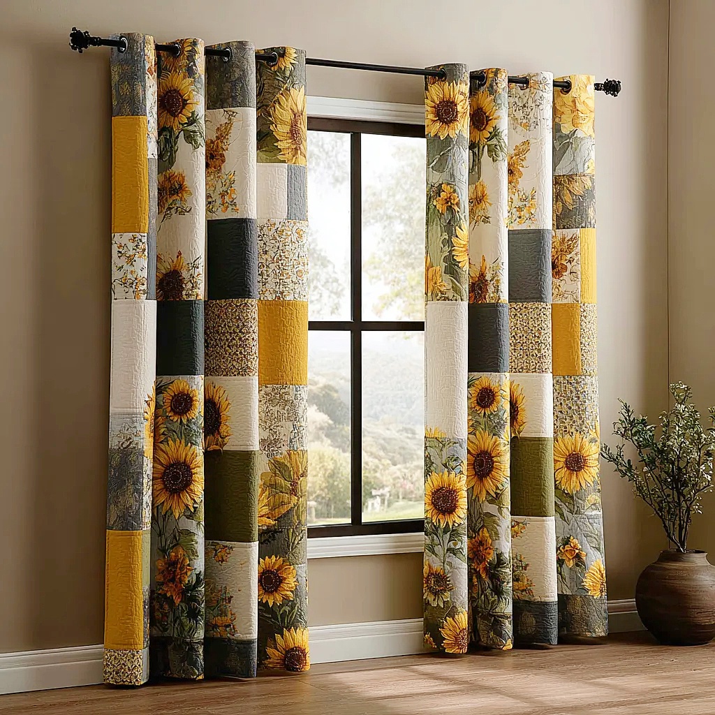 Patchwork Sunflower Embroidered Knitwear Quilted Curtains