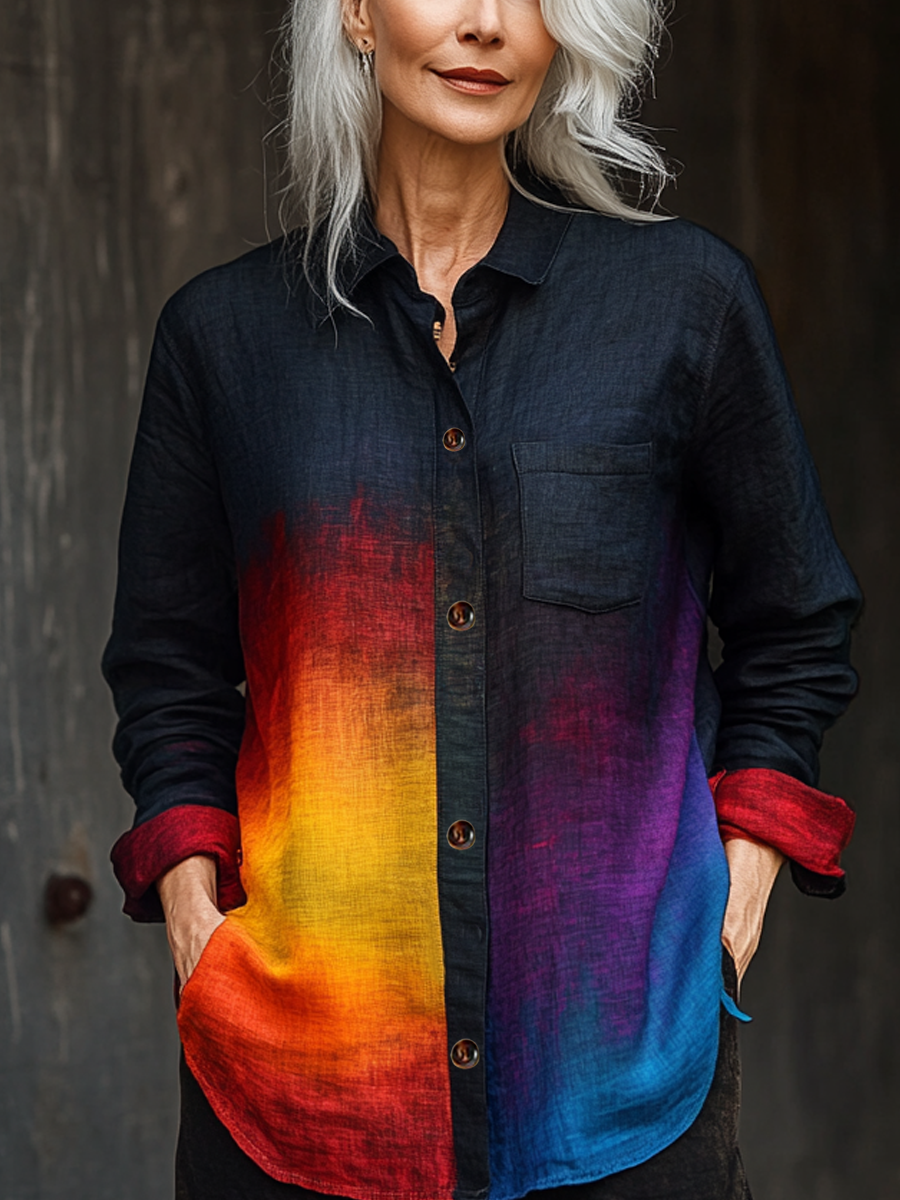 Rainbow gradient cotton and linen casual shirt