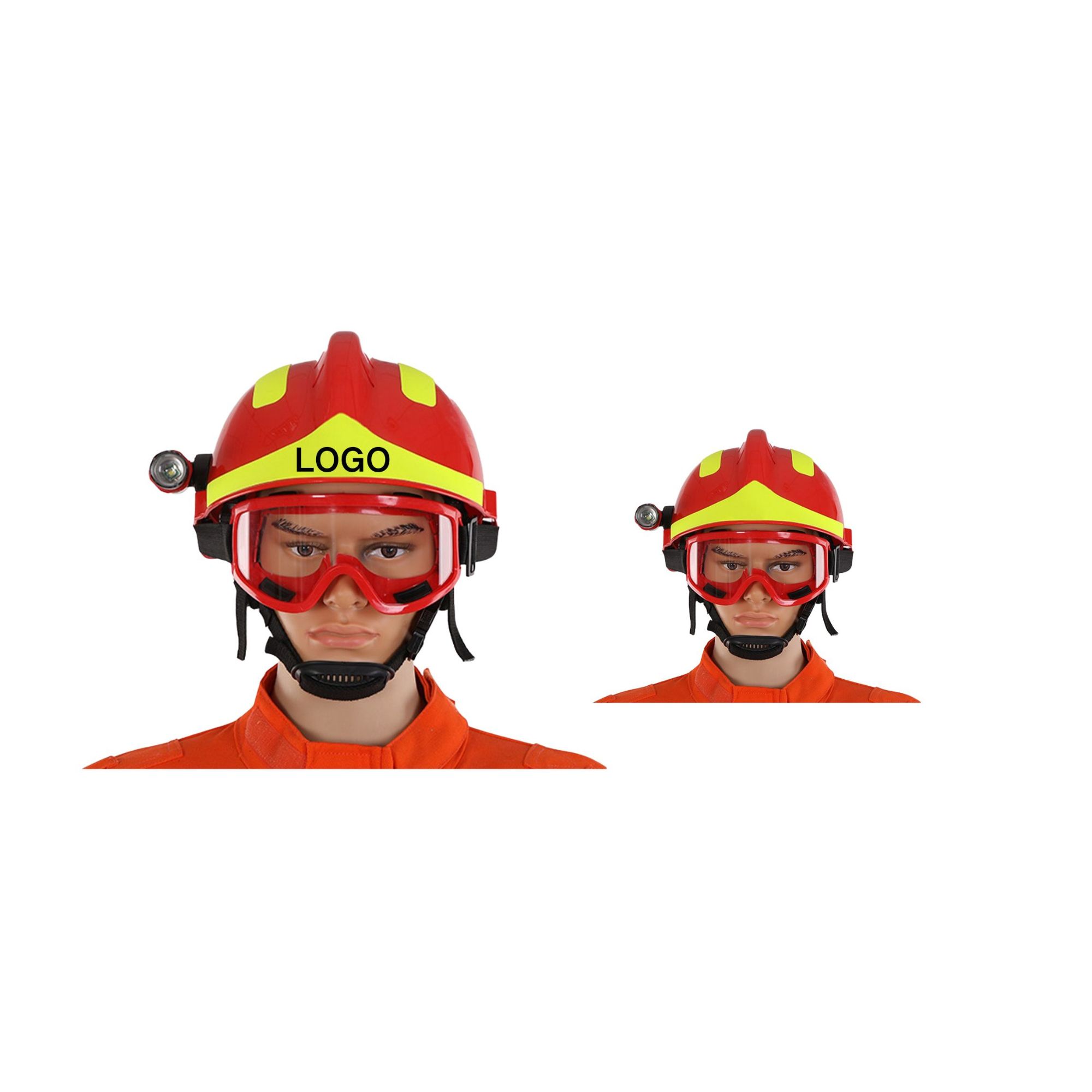 Red Firefighter Helmet with Integrated Flashlight and Goggles