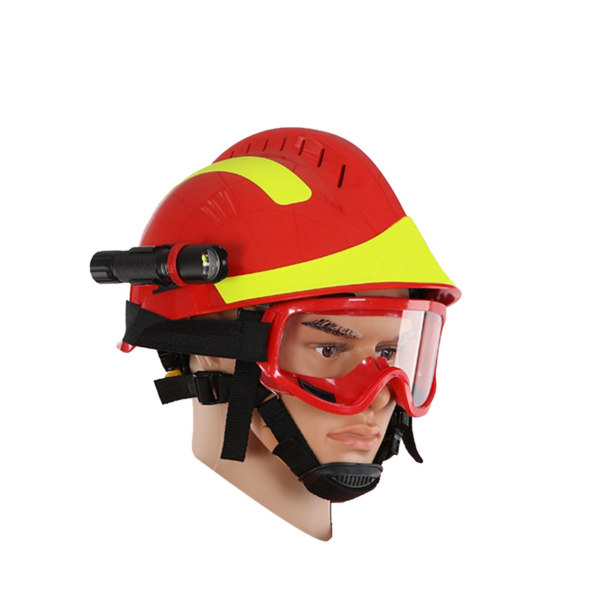 Red Firefighter Helmet with Integrated Flashlight and Goggles