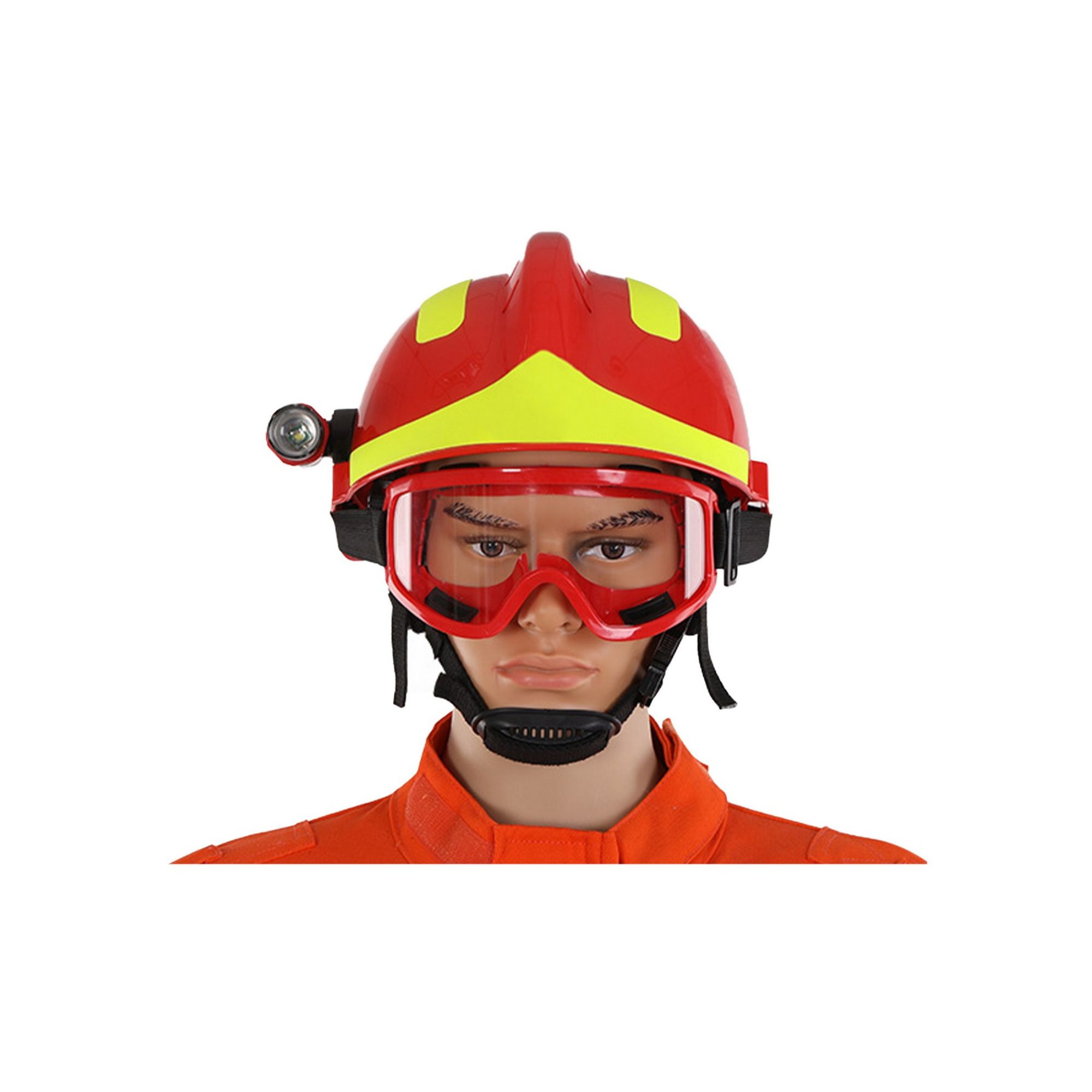 Red Firefighter Helmet with Integrated Flashlight and Goggles