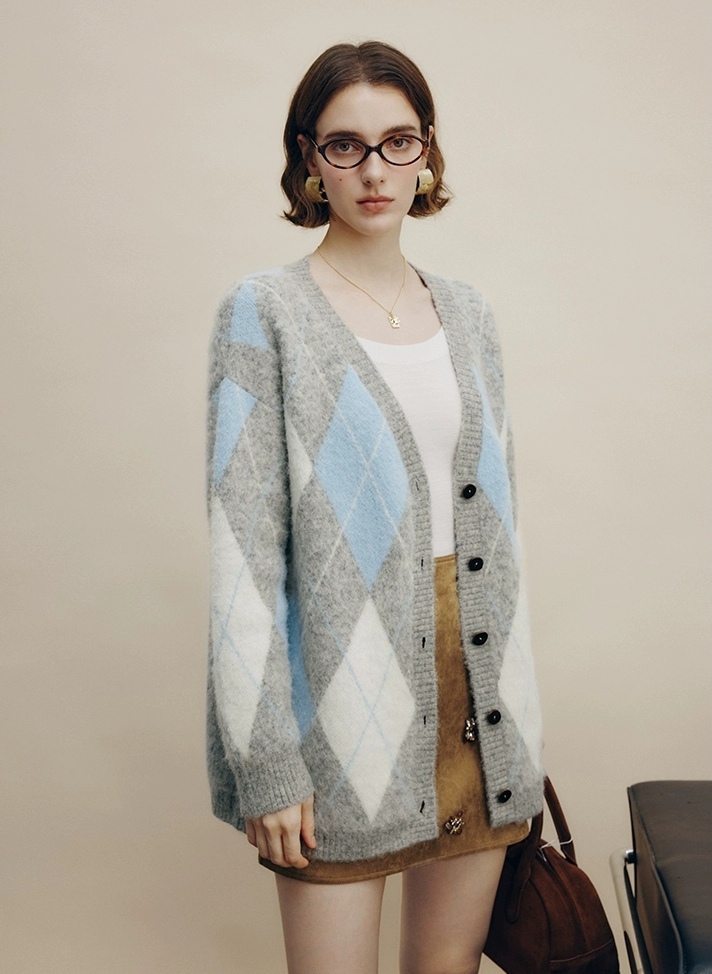 Wool Plaid Long-Sleeve Knitted Top