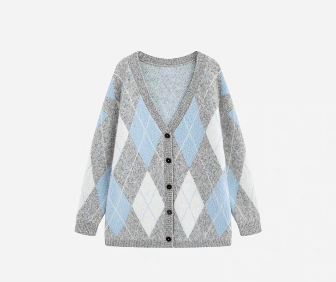 Wool Plaid Long-Sleeve Knitted Top
