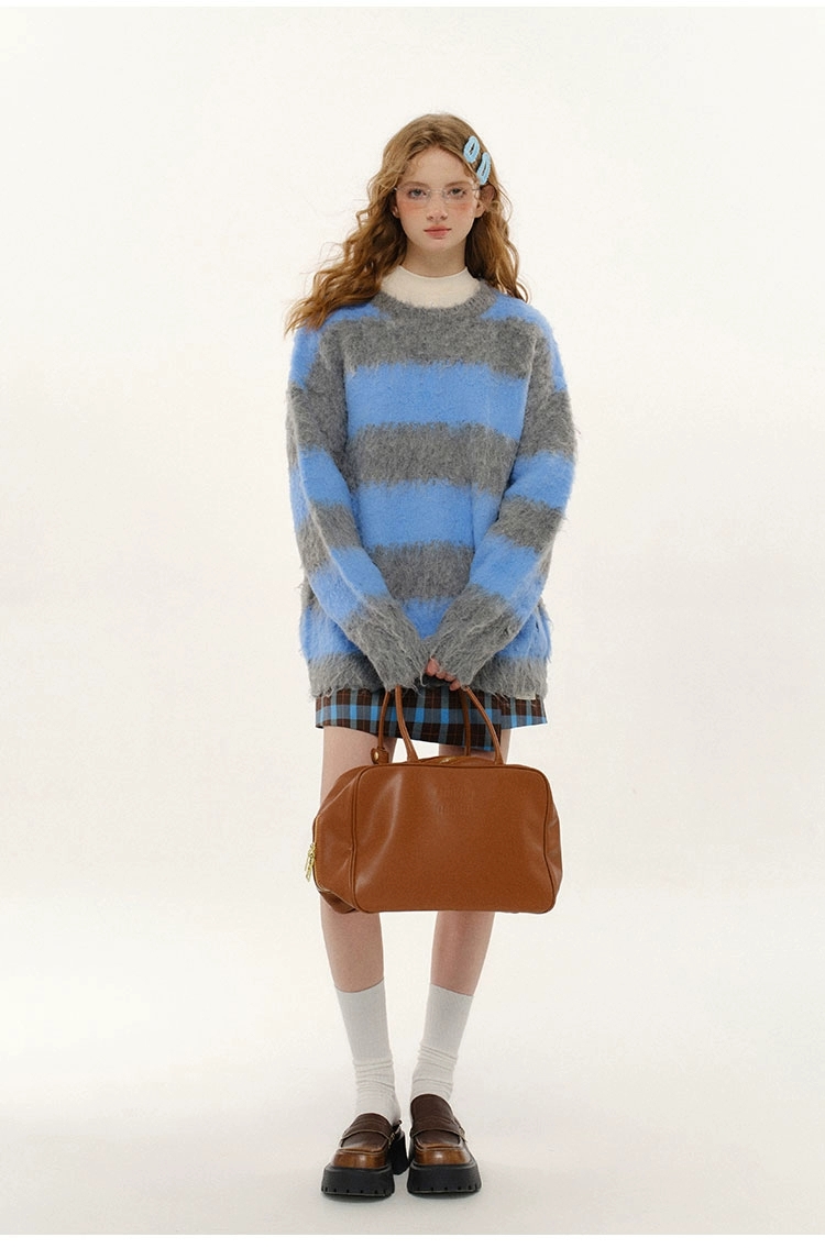 2025 Autumn New Striped Color-Block Crew Neck Loose Sweater(BLUE)